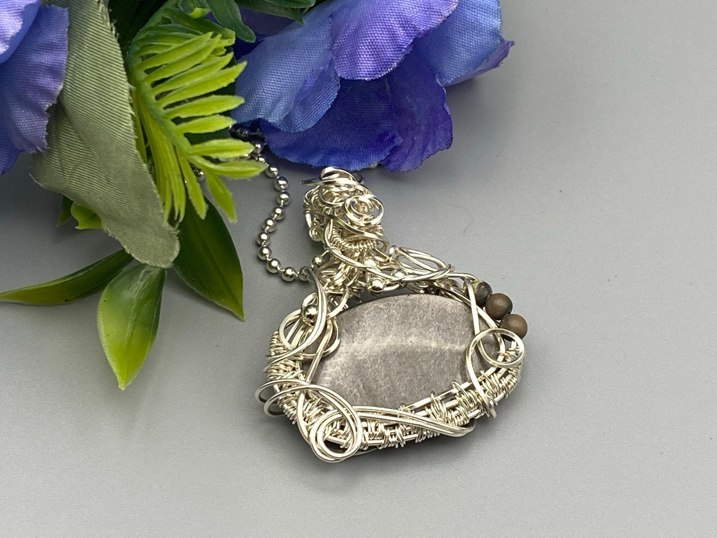 Oval Silver Sheen Obsidian Pendant Wire Wrapped in Silver