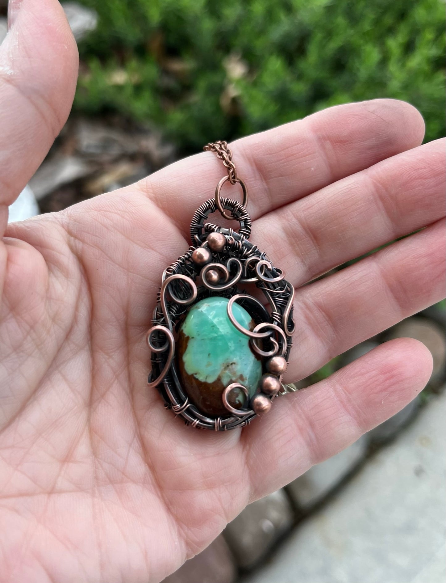 Natural Chryoprase Oval Gemstone Wire Wrapped Pendant