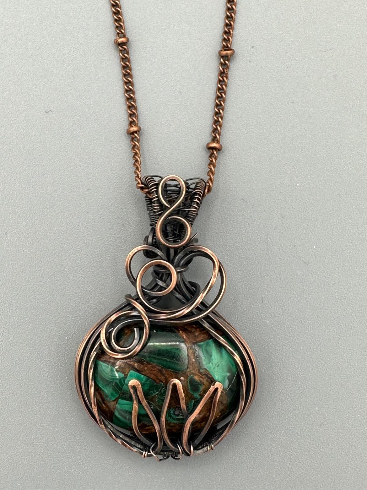 Handmade Wire Wrapped Copper Malachite Oval Shaped Pendant