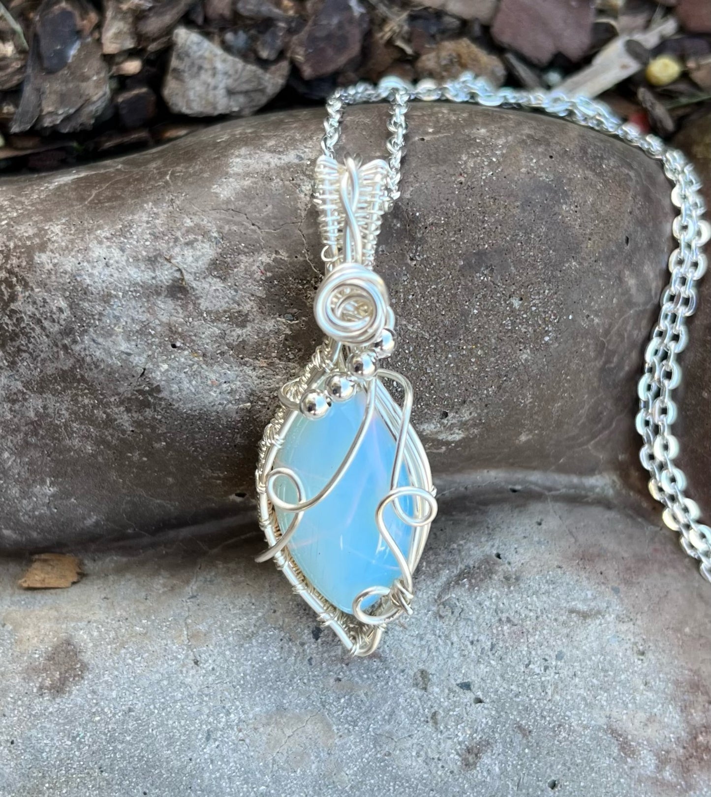 Synthetic Opalite Wrapped in Silver Wire