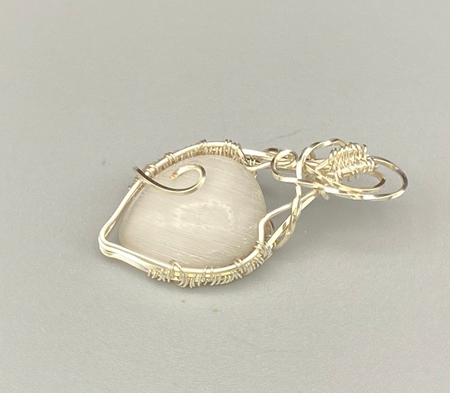 Wire Wrapped Natural Gray Cat's Eye, Chrysoberyl, Pear Pendant
