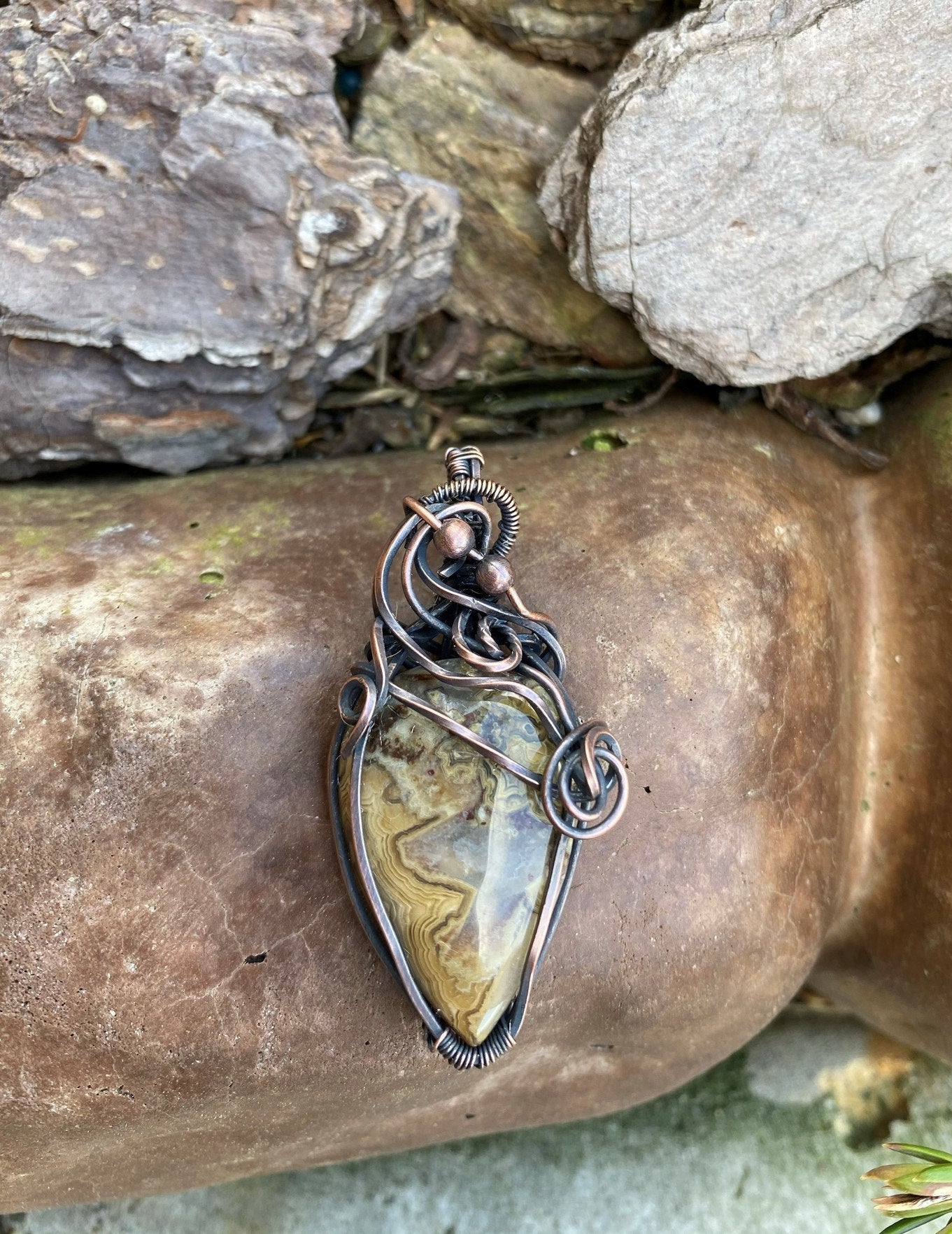 Earth Toned Crazy Lace Teardrop Wire Wrapped Pendant