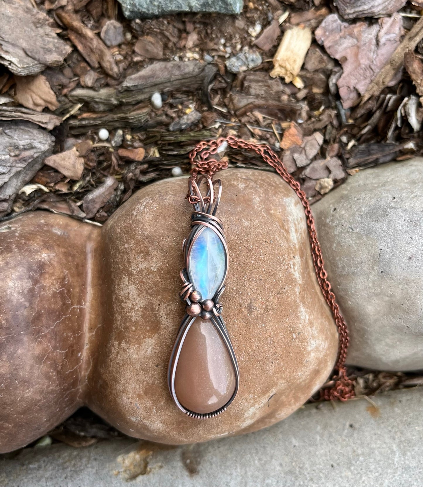 Peach and Clear Moonstone Double Wire Wrapped Pendant