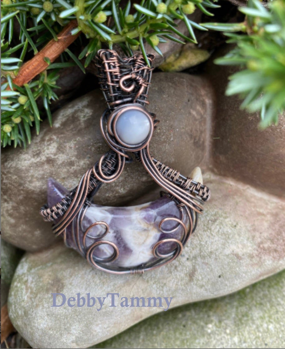 Striking Moon Shaped Quartz Pendant Wire Wrapped In Copper Wire
