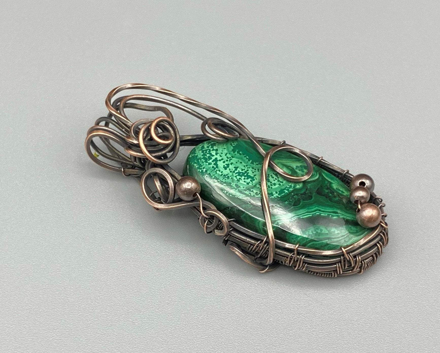 Malachite Wire Wrapped Pendant With Copper Bead Embellishments