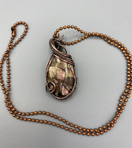 Pink and Copper Wire Wrapped Pendant | Unique Handmade Jewelry