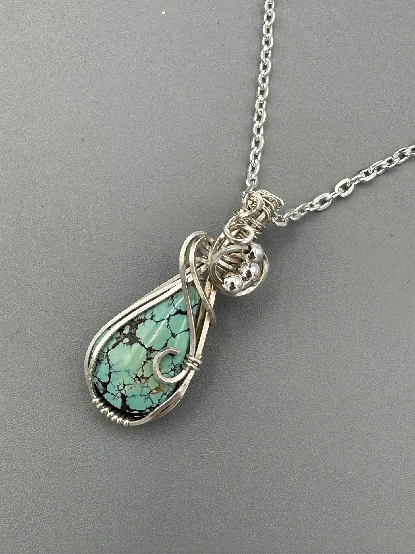 Turquoise Teardrop Wrapped in Argentium Silver Handmade Wire Wrapped Pendant