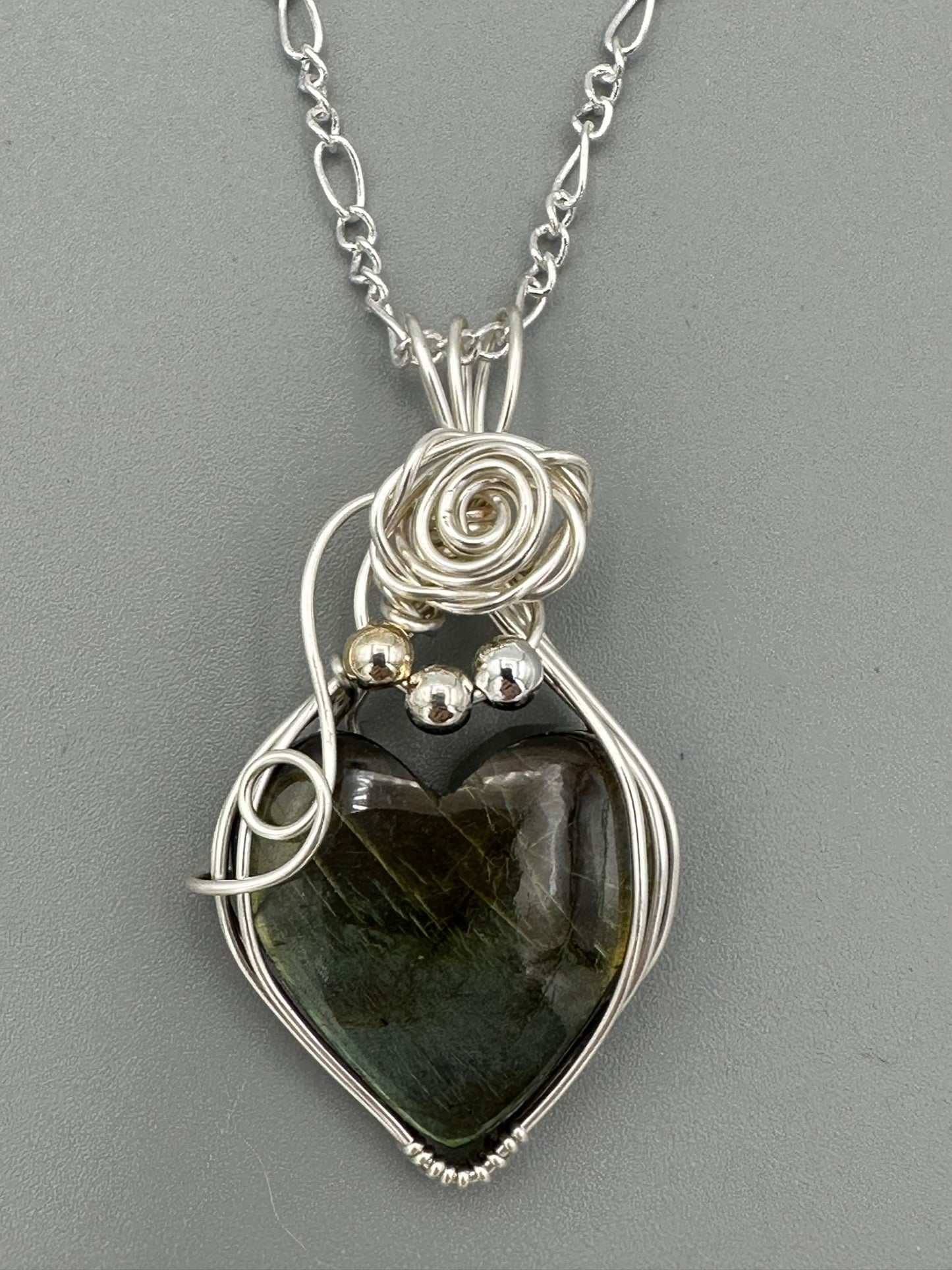 Labradorite Heart Wrapped In Silver Plated Wire