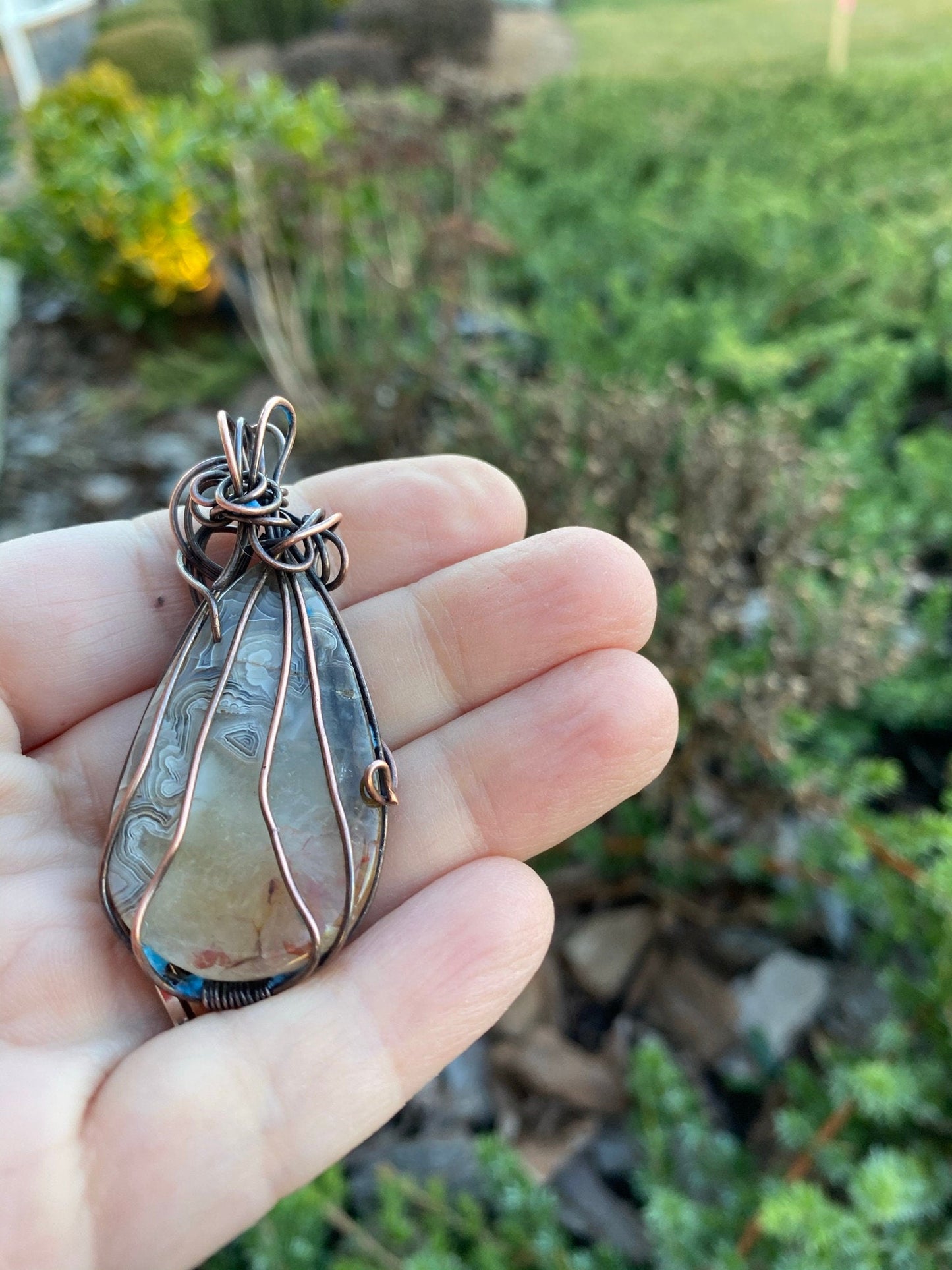 Gray and Beige Crazy Lace Agate, Wire Wrapped Teardrop Pendant