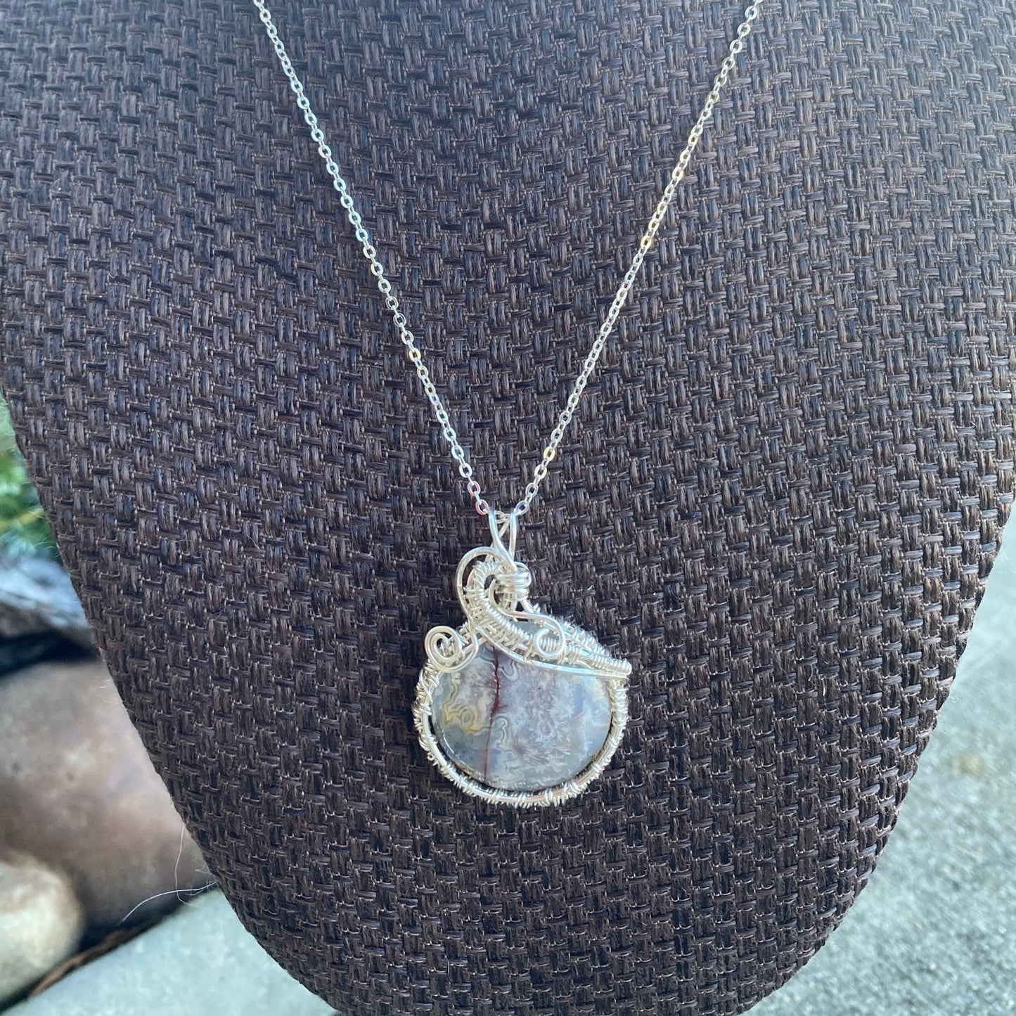 Silversmith Crazy Lace Round Agate Wire Wrapped and Woven Pendant