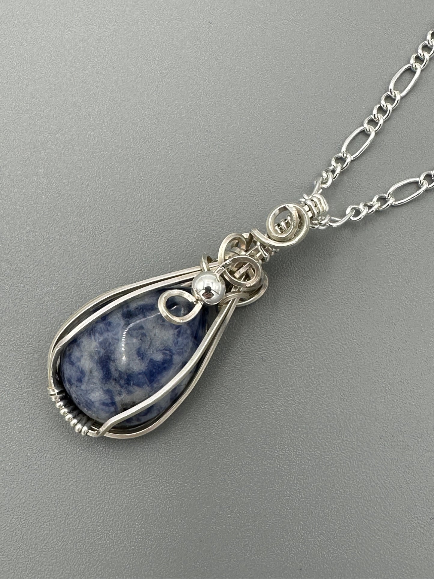 Small Snowflake Sodalite Teardrop Pendant Wrapped in Argentium Wire