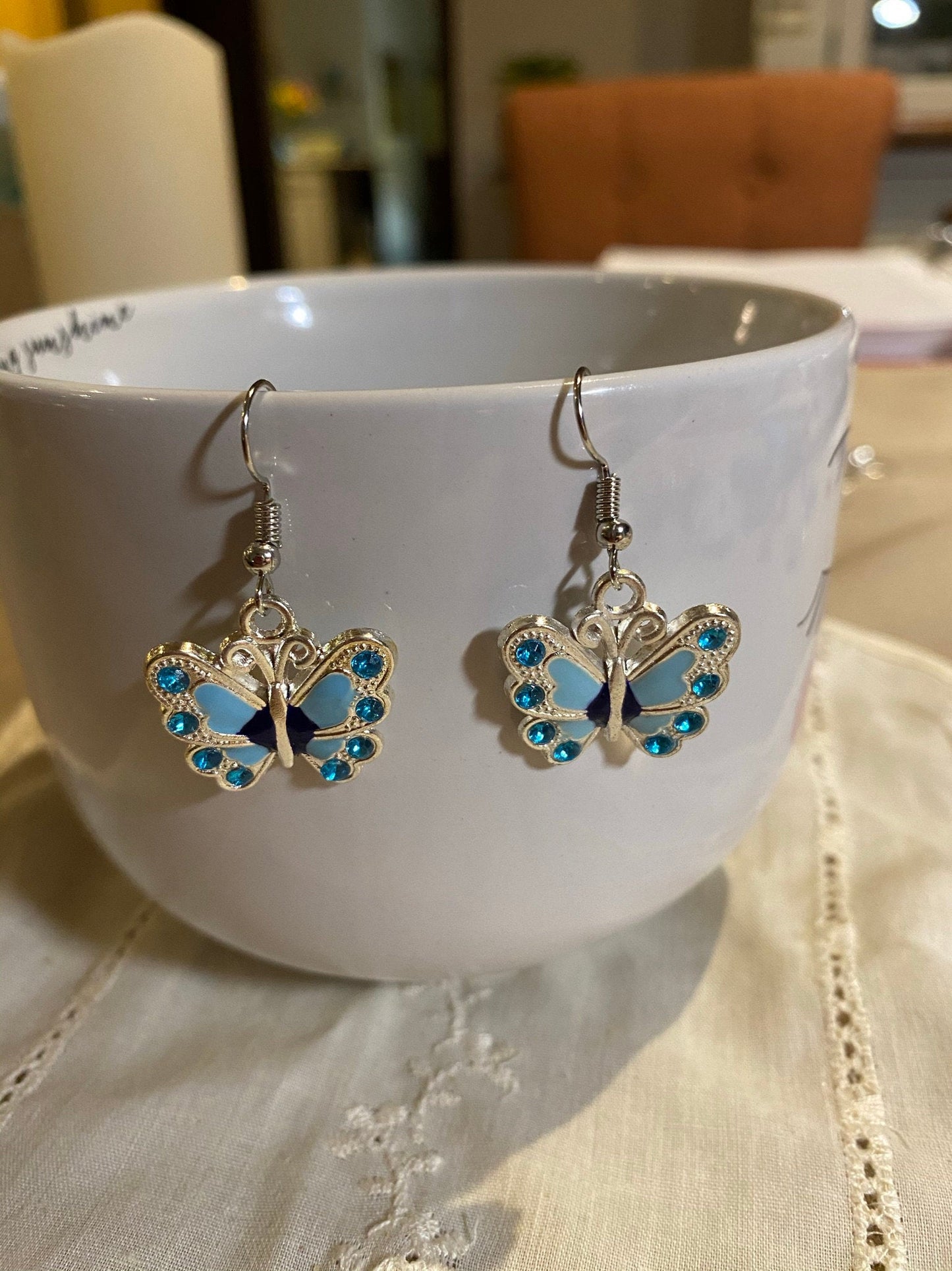 Blue and Silver Butterfly Charm Dangle Earrings
