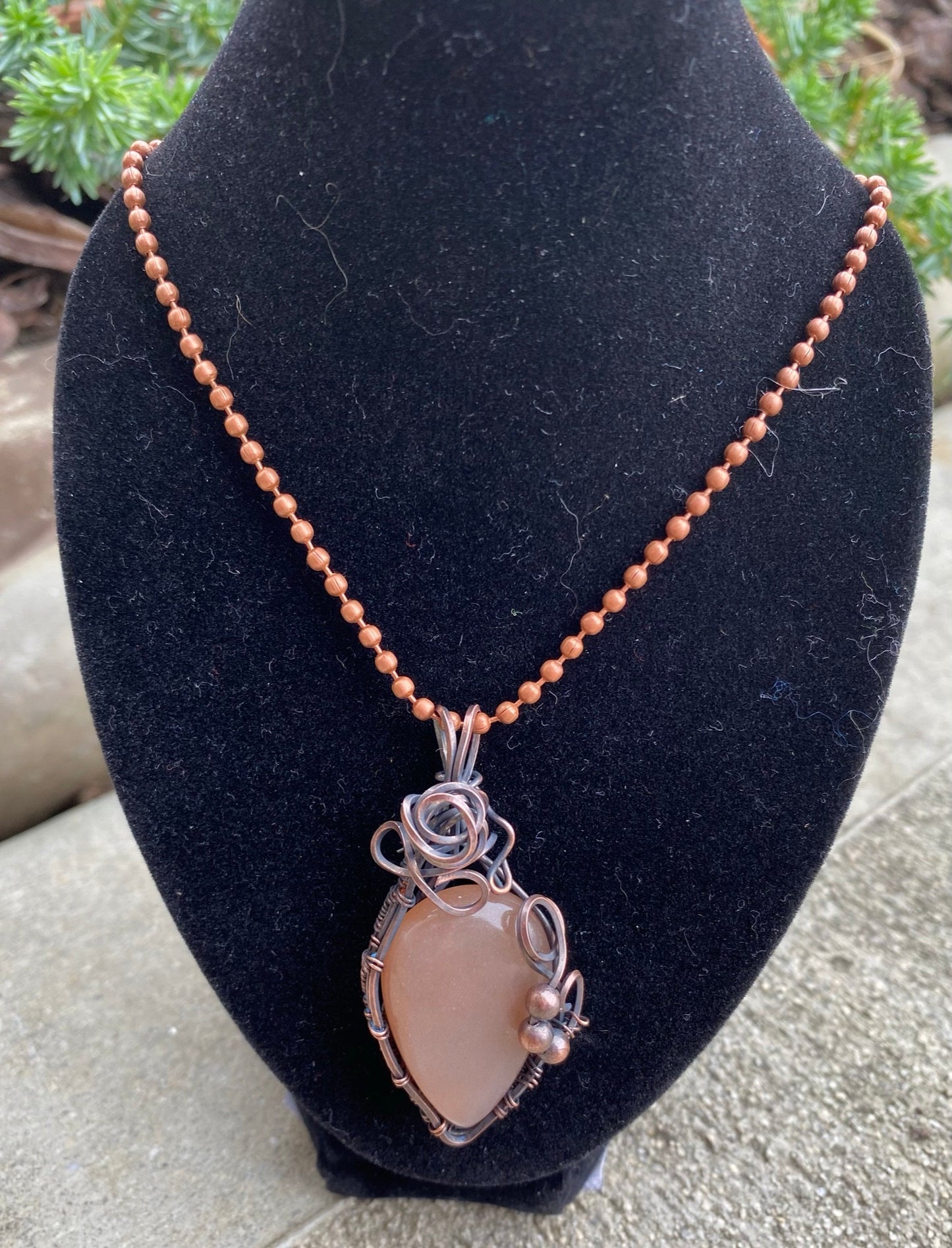 Wire Wrapped Teardrop Pink Moonstone Pendant with Copper Beads