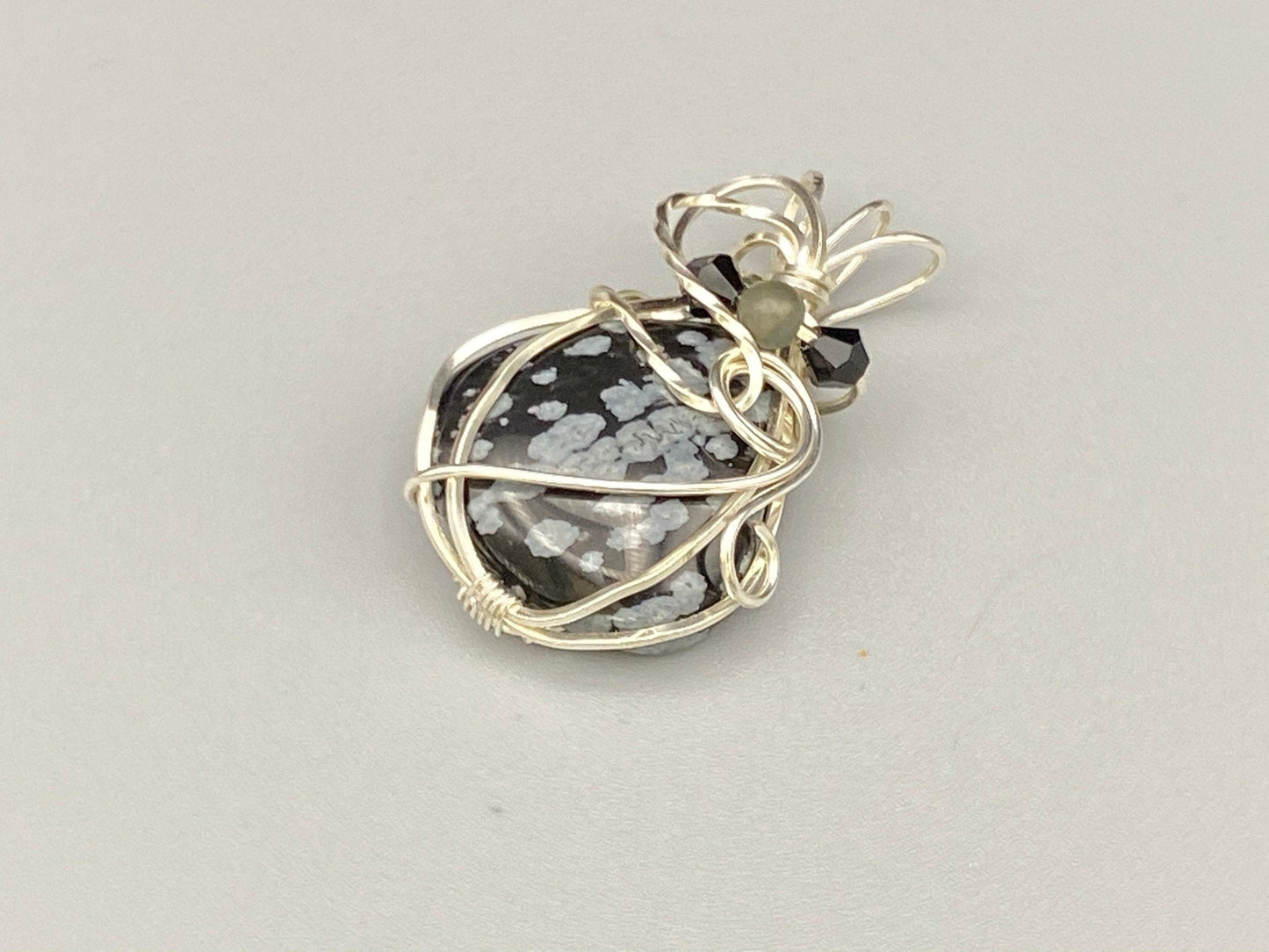 Wire Wrapped Snowflake Obsidian Teardrop Pendant