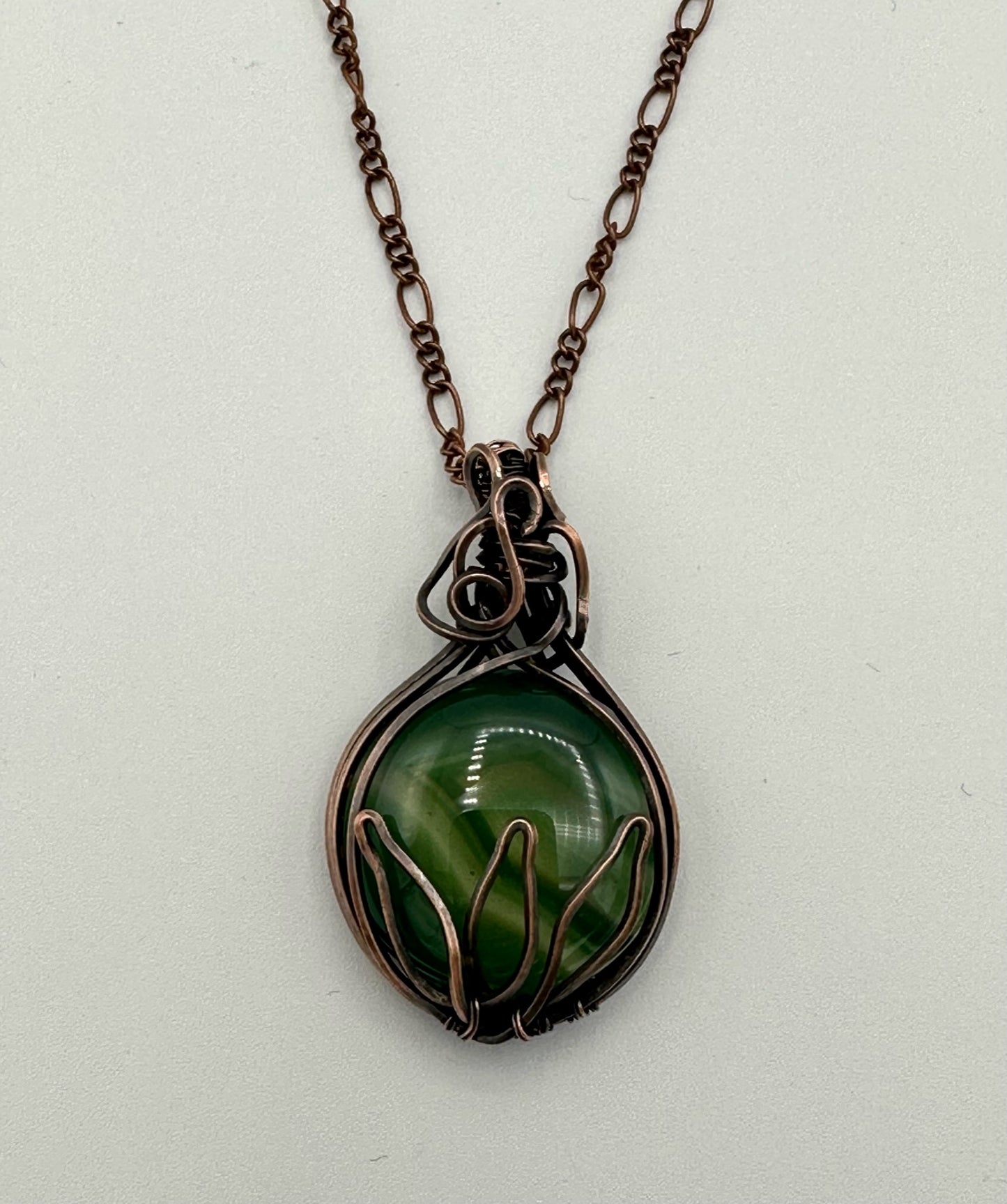 Round Green Veins Agate With Lotus Design Handmade Wire Wrapped Pendant