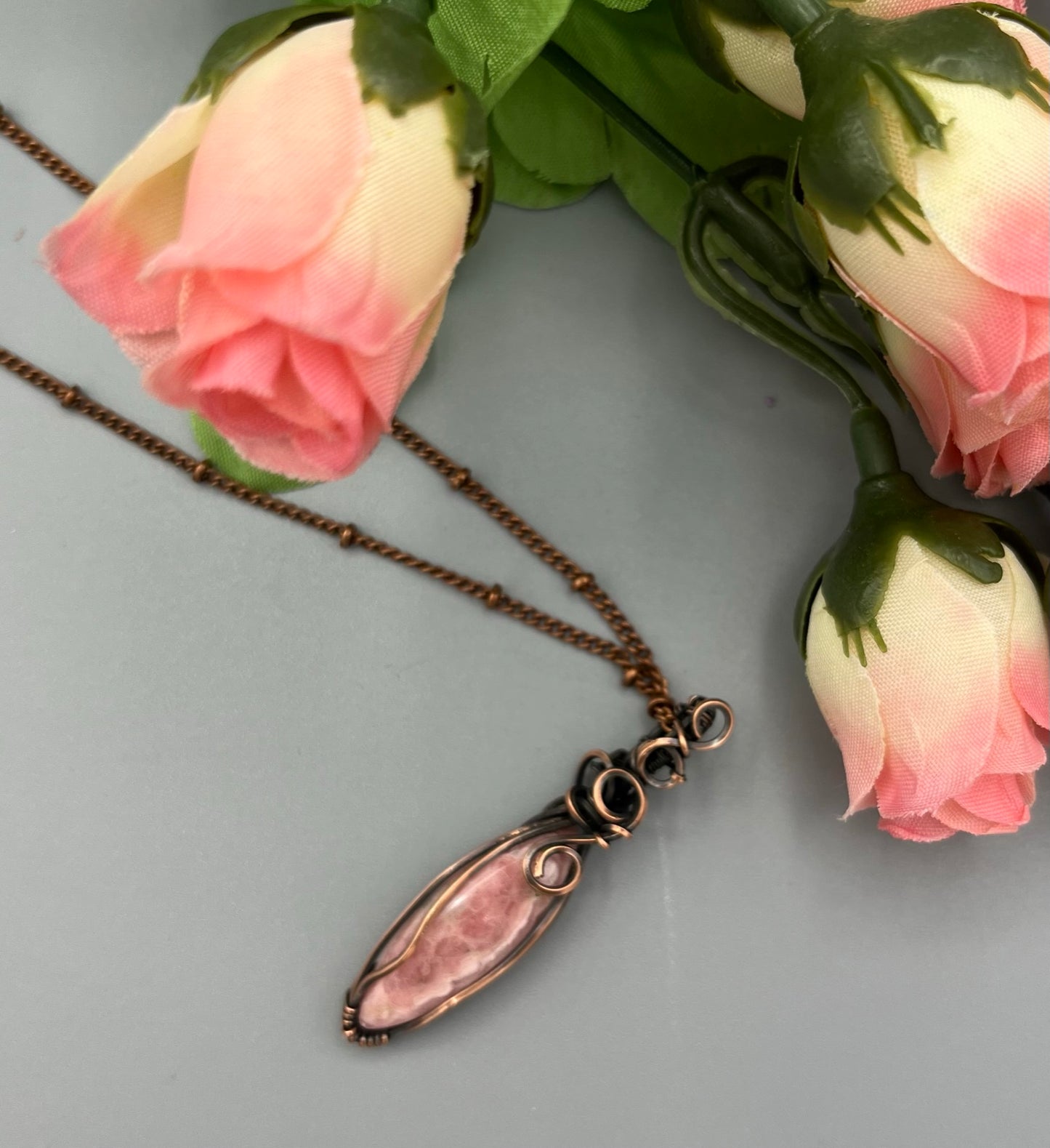 Rhodochrosite Wire Wrapped Marquise Pendant | Antique Copper Unique Jewelry