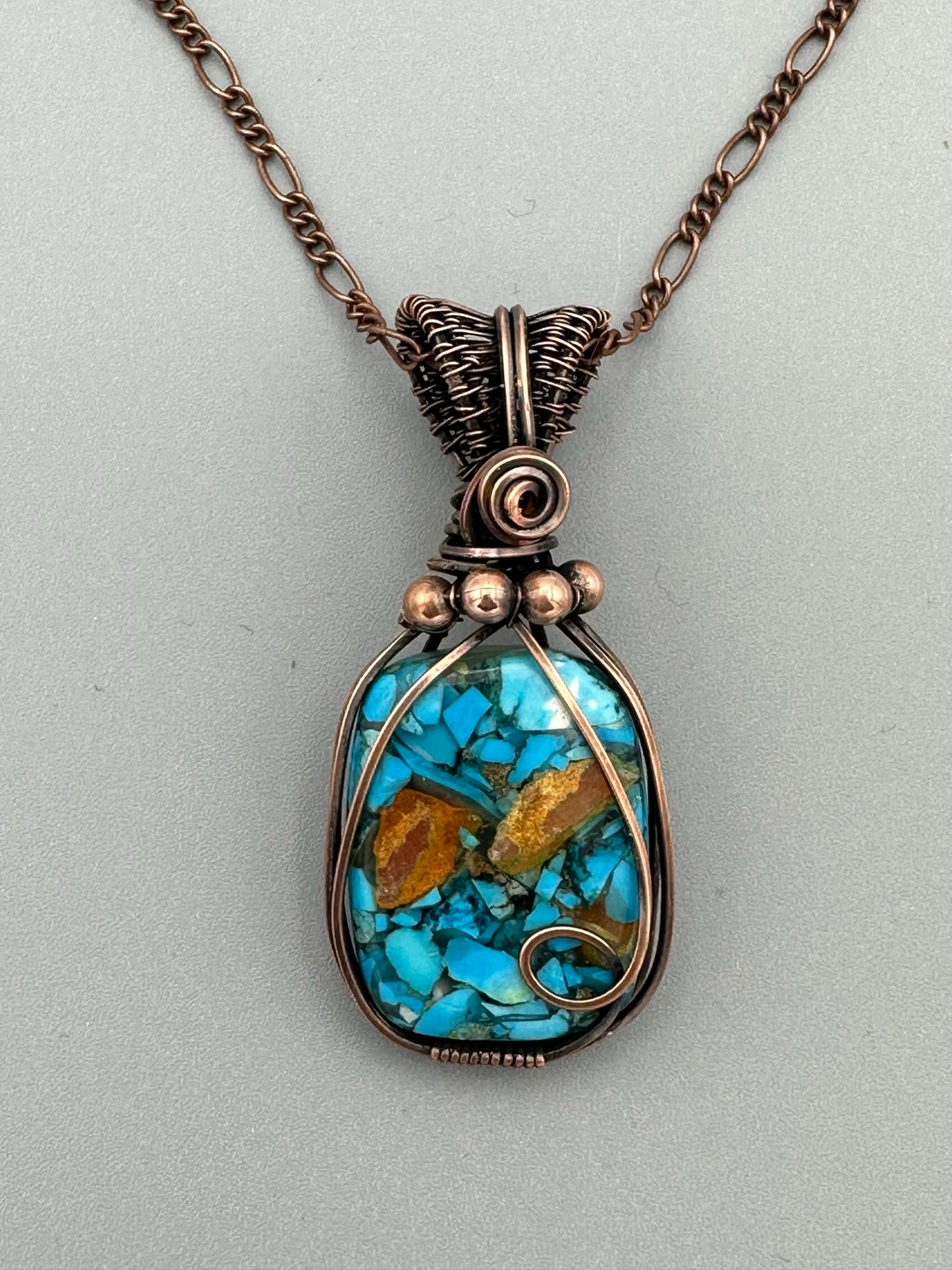 Copper Turquoise Wire Wrapped Pendant and Earrings Set