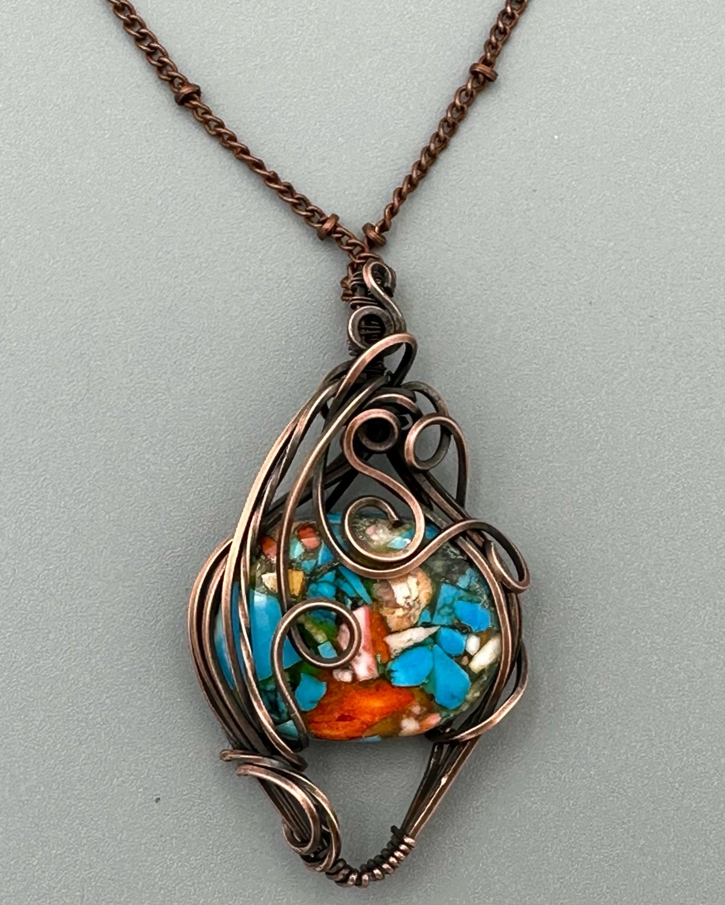 Oval Copper Turquoise Mohave Handmade Wire Wrapped Pendant
