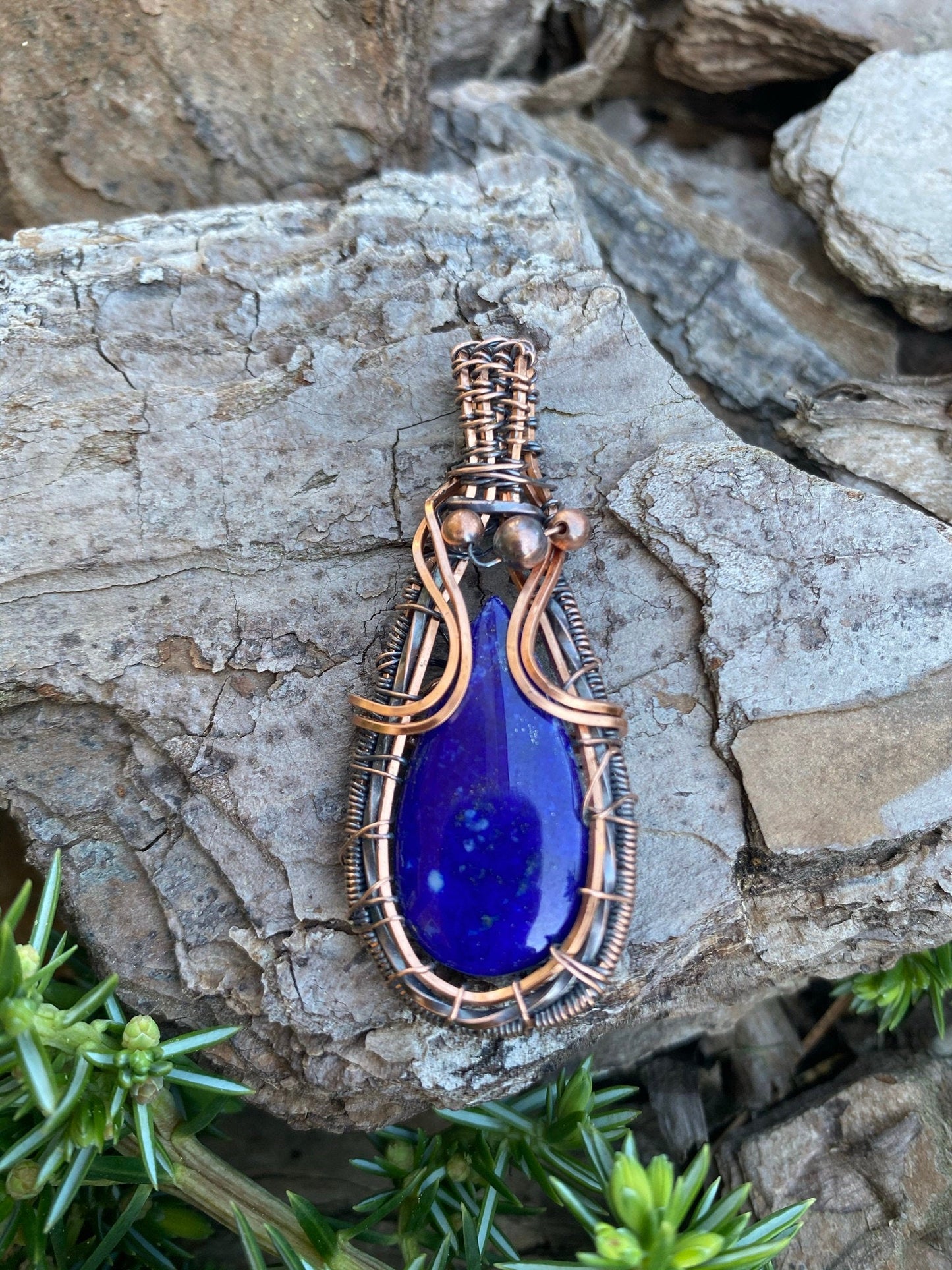 Wire Wrapped Lapis Lazuli Teardrop Pendant