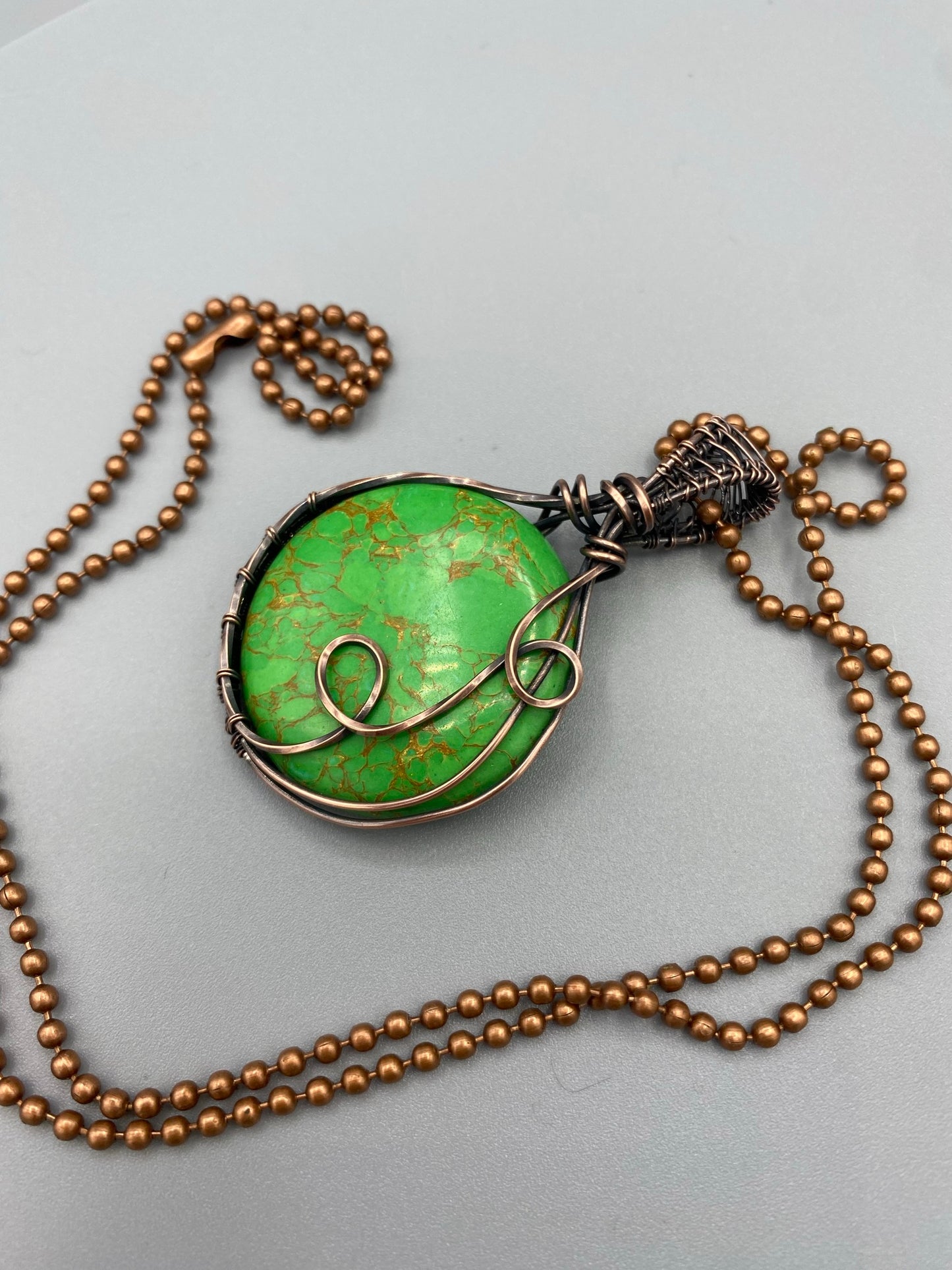 Green Copper Turquoise Wire Wrapped Pendant | Round Handmade Jewelry