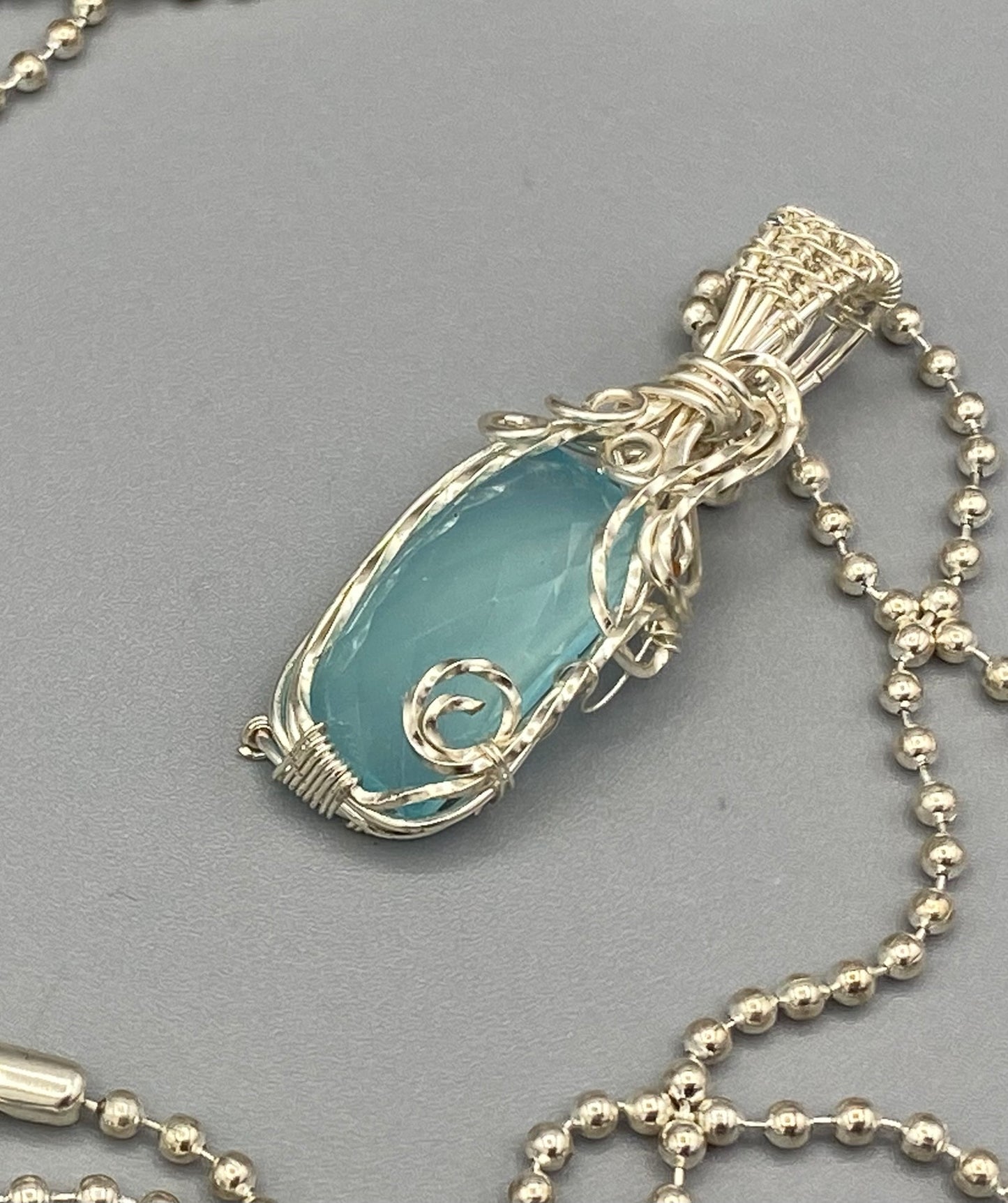 Faceted Rectangular Aqua Chalcedony Pendant | Wire Wrapped Necklace