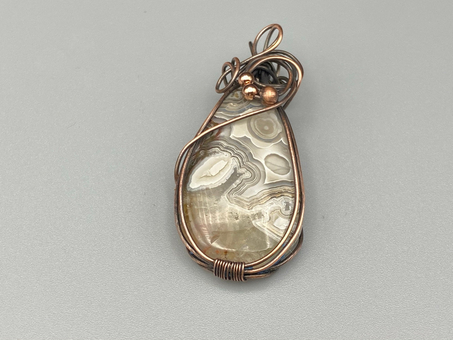 Gray and Beige Crazy Lace Agate, Wire Wrapped Teardrop Pendant