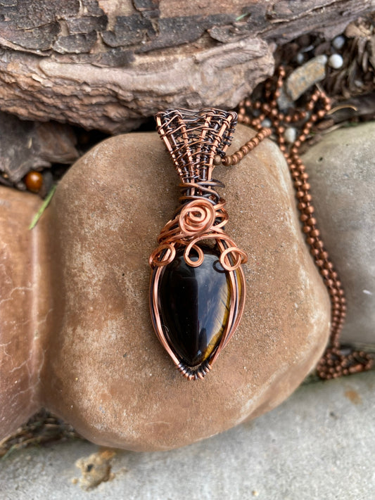 Tiger's Eye Wire Wrapped Pendant | Teardrop Copper Wire Weave Pendant