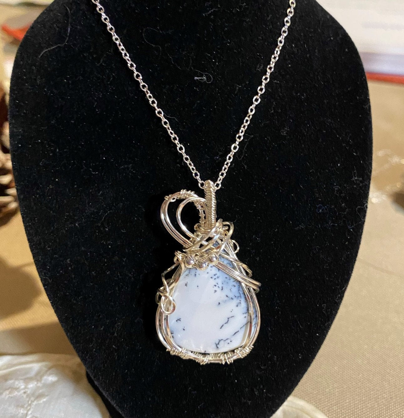 Wire Wrapped White Dendritic Agate Teardrop Pendant