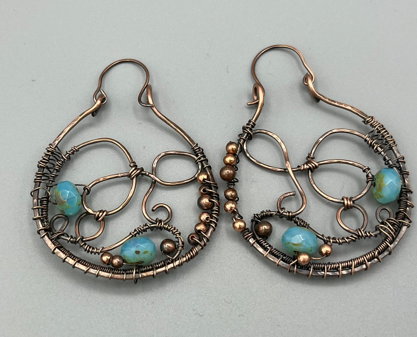 Copper Weaving Hoop Earrings with Aqua Rondelle Beads