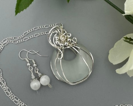 Selenite Crescent Moon Pendant and Earrings Set | Wire Wrapped in Fine Silver