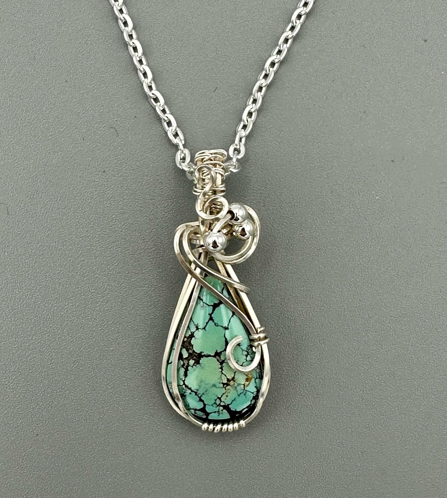 Turquoise Teardrop Wrapped in Argentium Silver Handmade Wire Wrapped Pendant