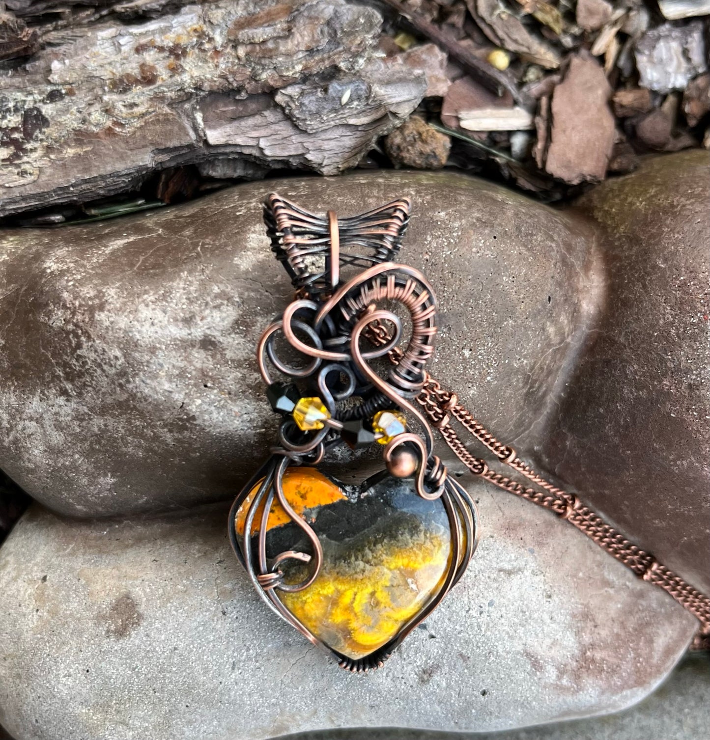 Bumble Bee Jasper Heart Pendant Wire Wrapped in Copper