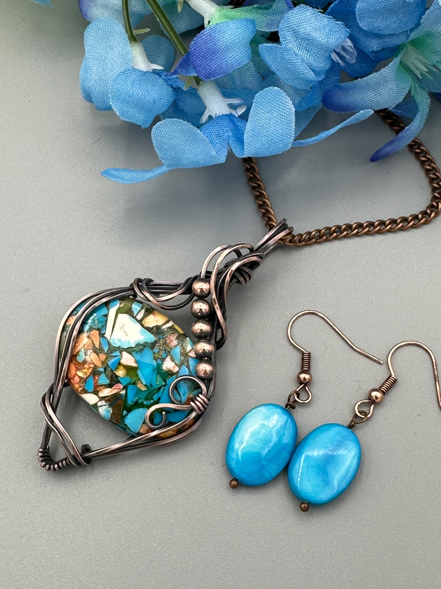 Wire Wrapped Mohave Turquoise Pendant and Earrings Set