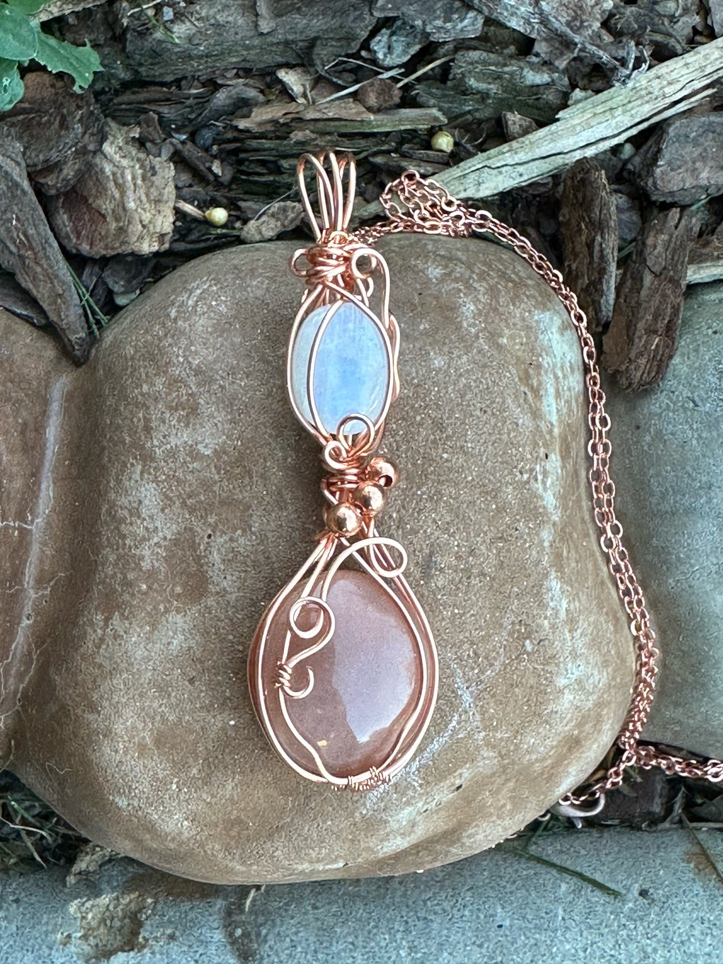 Wire Wrapped Peach and Rainbow Moonstone Double Pendant Statement Piece
