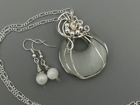 Selenite Crescent Moon Pendant and Earrings Set | Wire Wrapped in Fine Silver