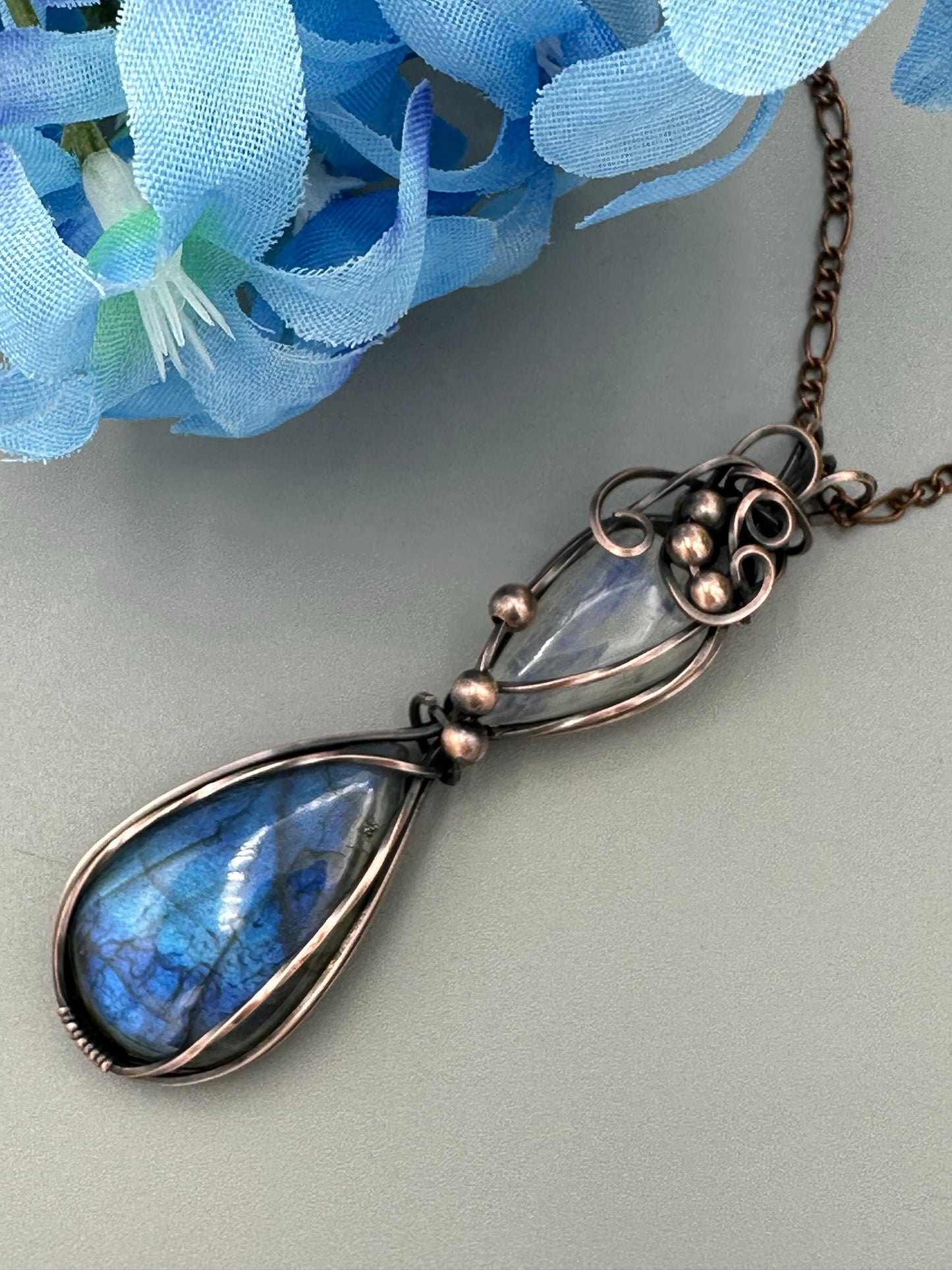 Labradorite and Moonstone Double Wire Wrapped Pendant