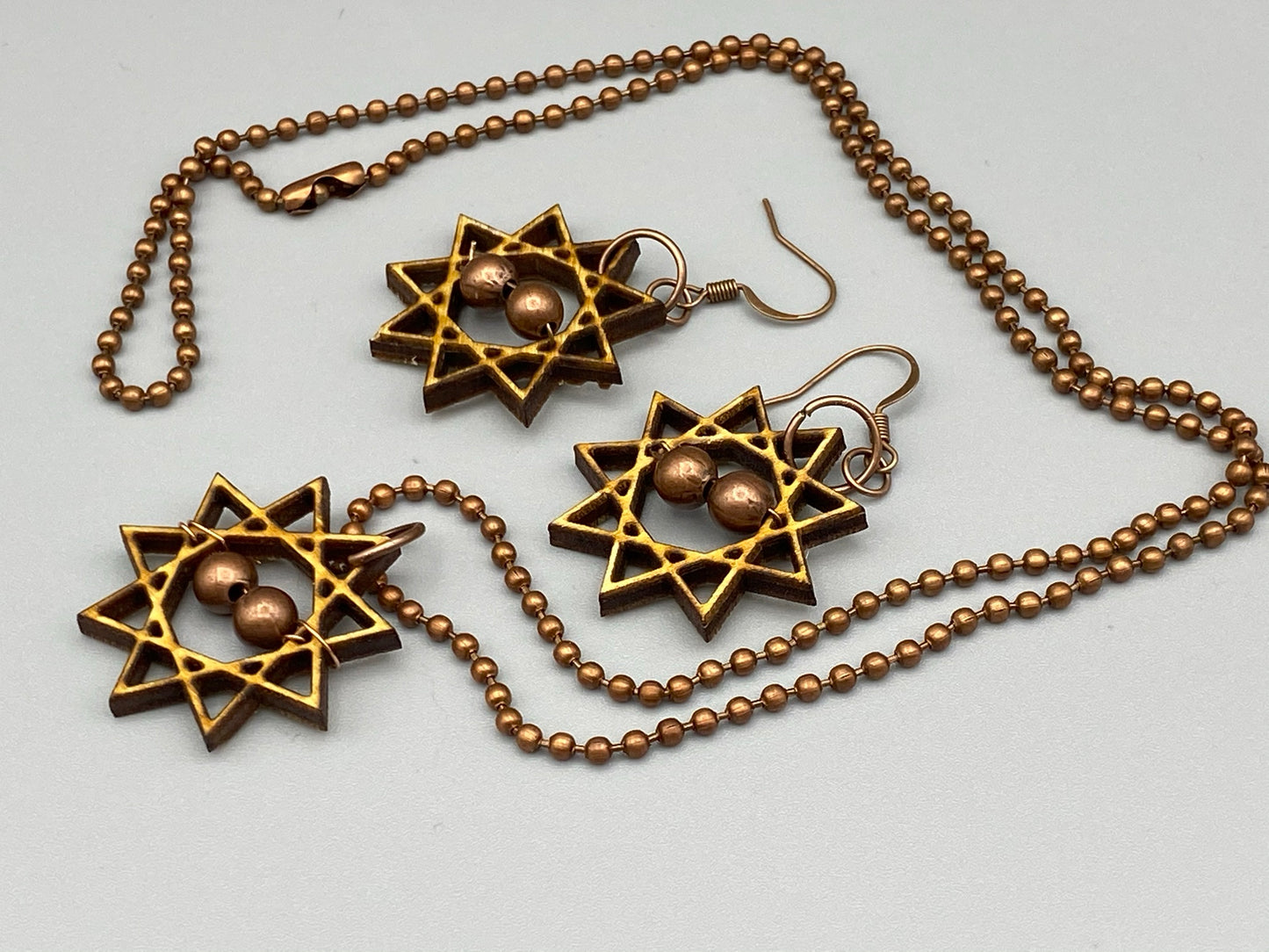 Nine Pointed Star Necklace And Earring Set With Copper Beads