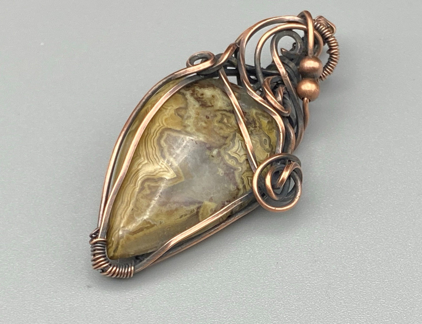 Earth Toned Crazy Lace Teardrop Wire Wrapped Pendant