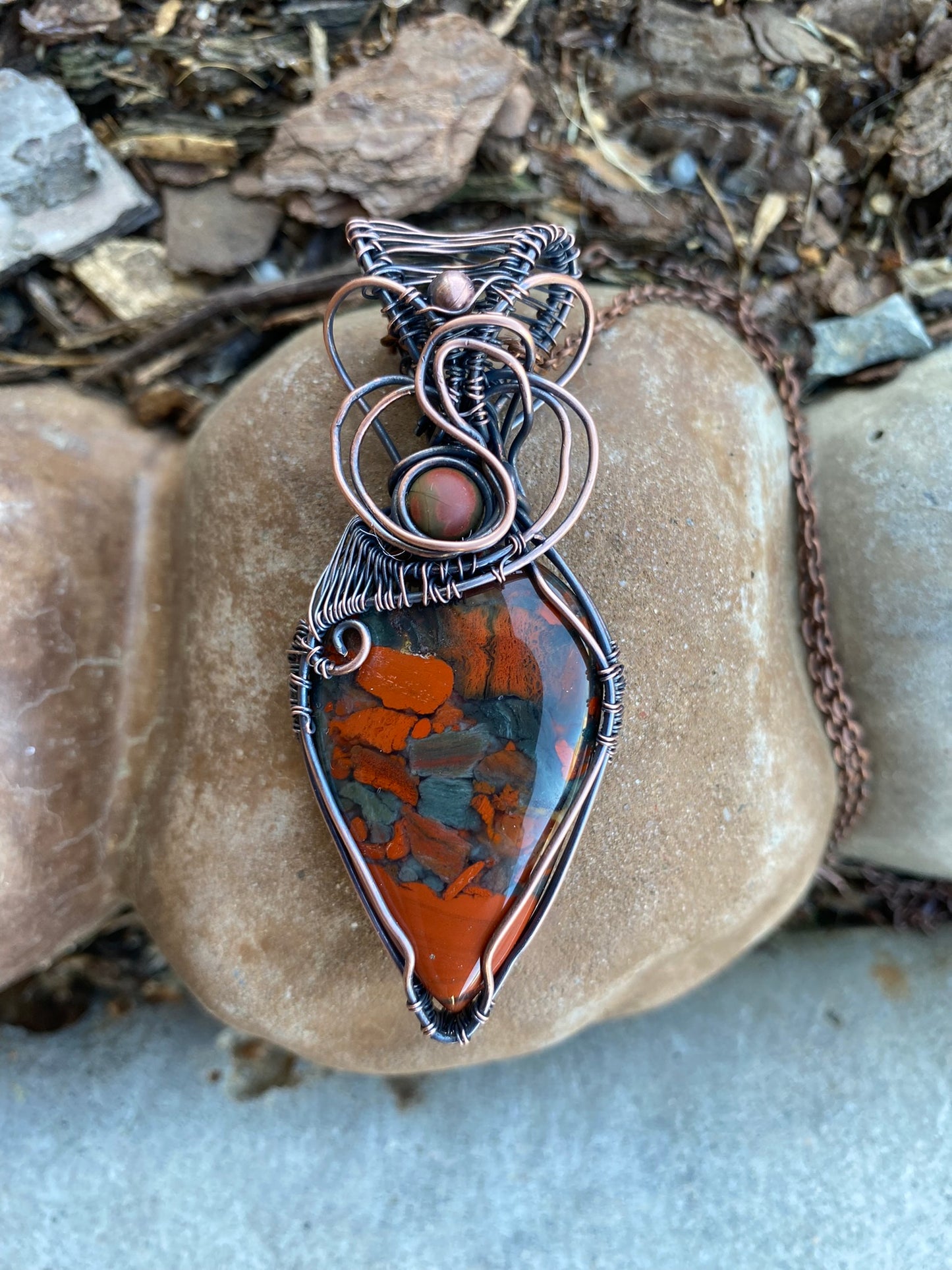 Natural Rainbow Jasper Pear Shaped Wire Wrapped Pendant