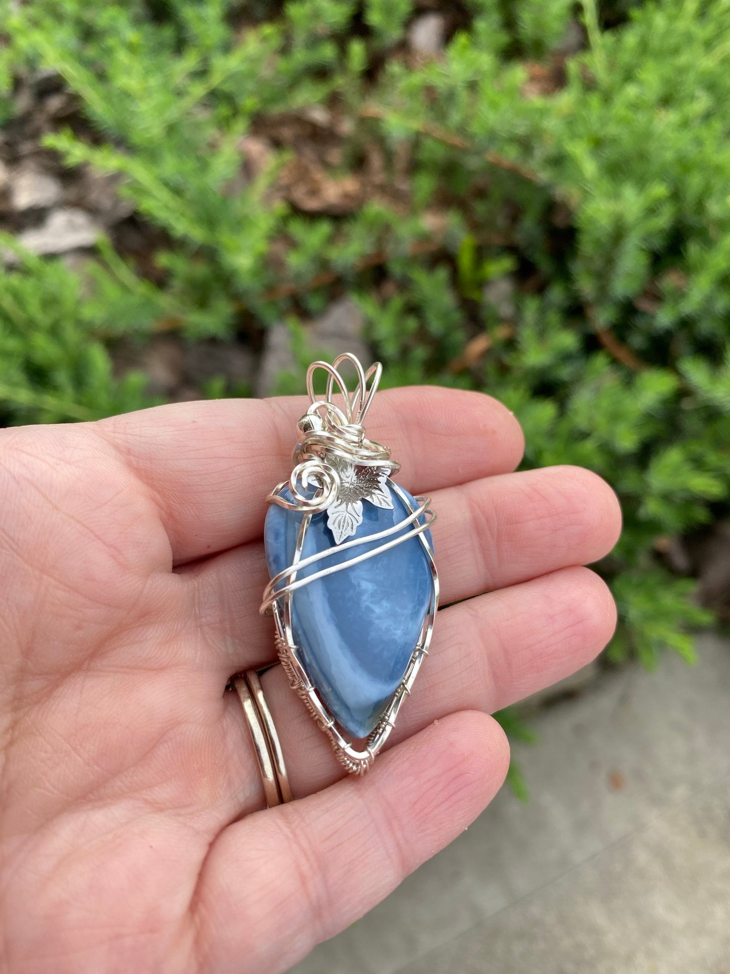Natural Peruvian Blue Opal Pear Shaped Wire Wrapped Pendant