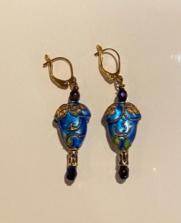 Blue Cloisionne Dangle Earrings With Gold Lever Hooks