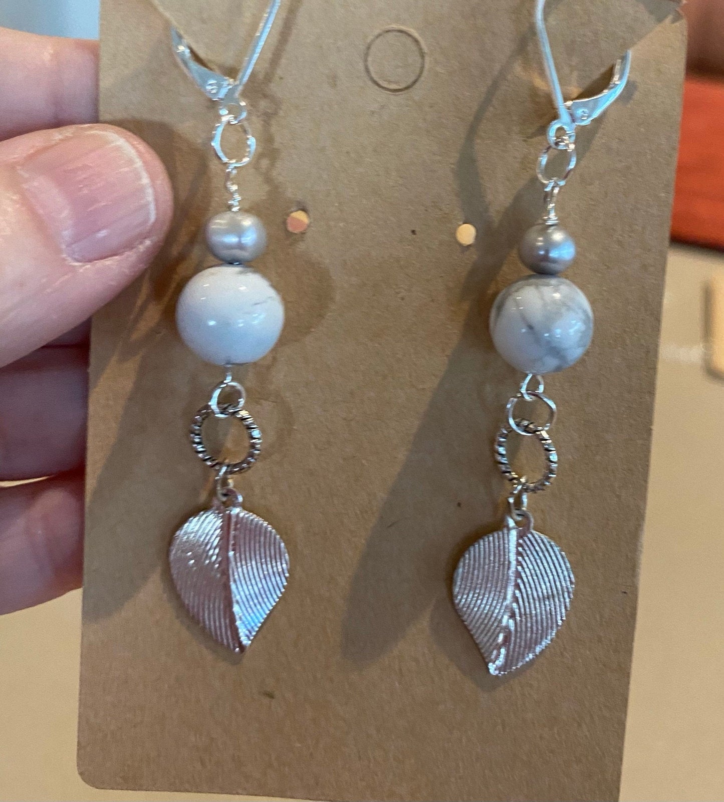 White and gray beads, freshwater pearls, silver leaves, lever hook back, earrings