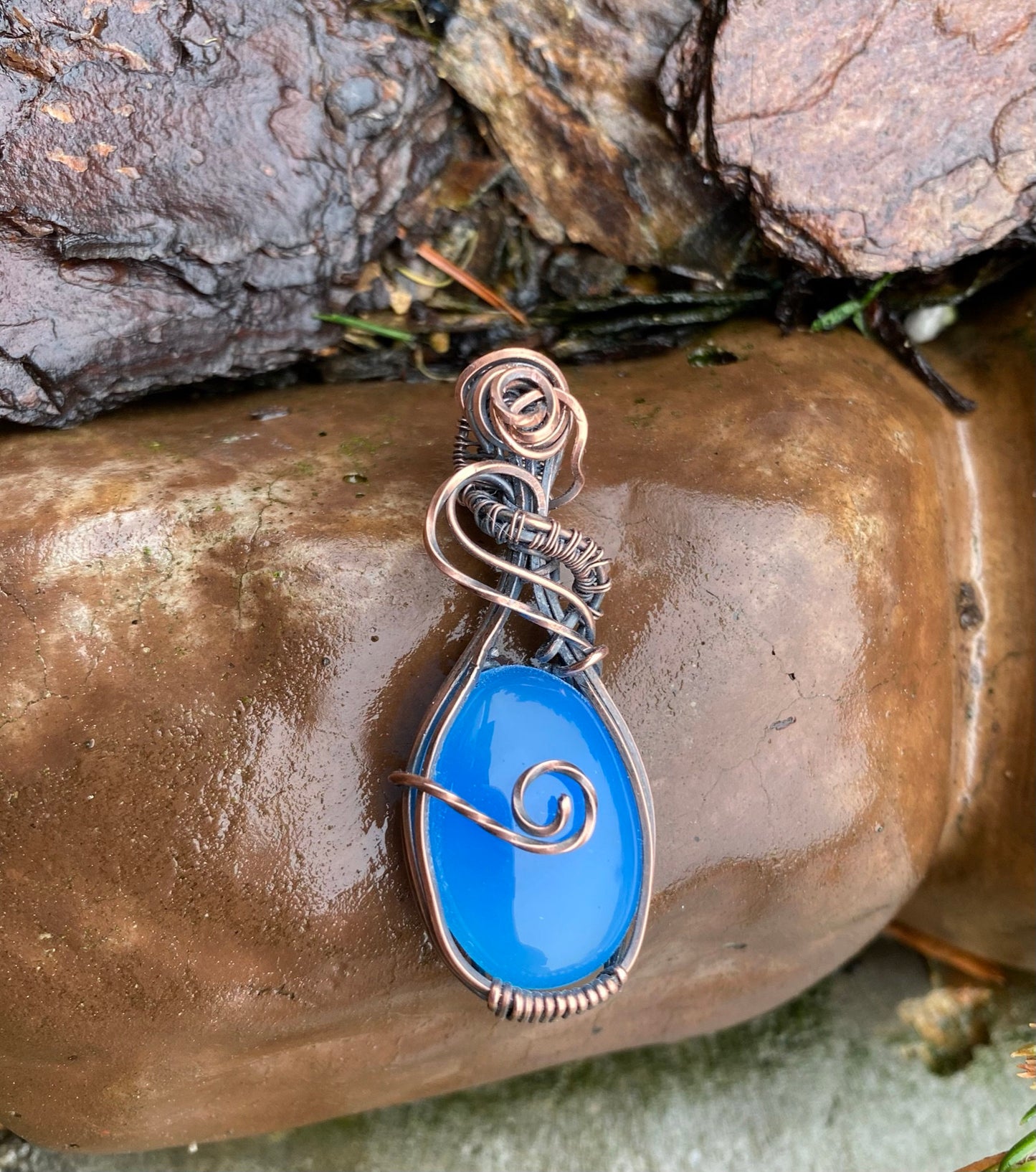Copper Wire Wrapped Blue Chalcedony Pendant Necklace