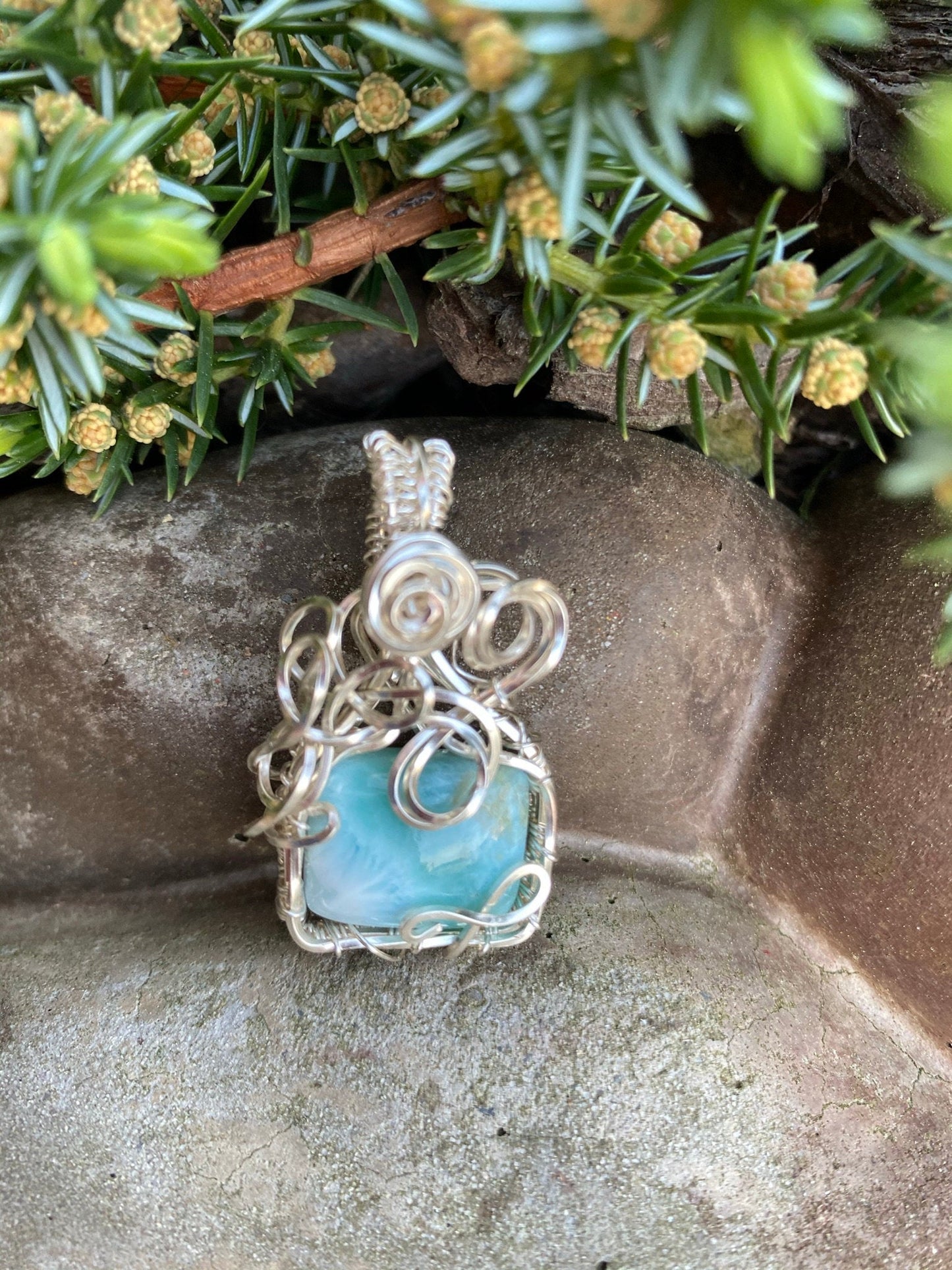 Square Larimar Wire Wrapped Pendant