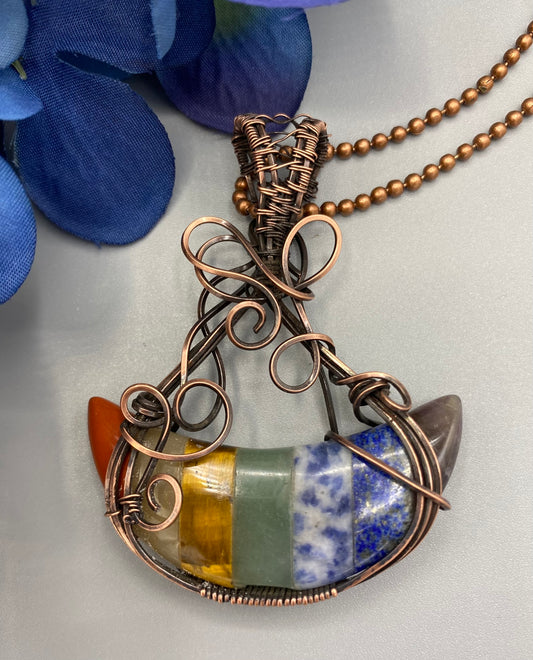 7 Chakra Natural Quartz Moon Shaped Stone | Wire Wrapped Crescent Moon