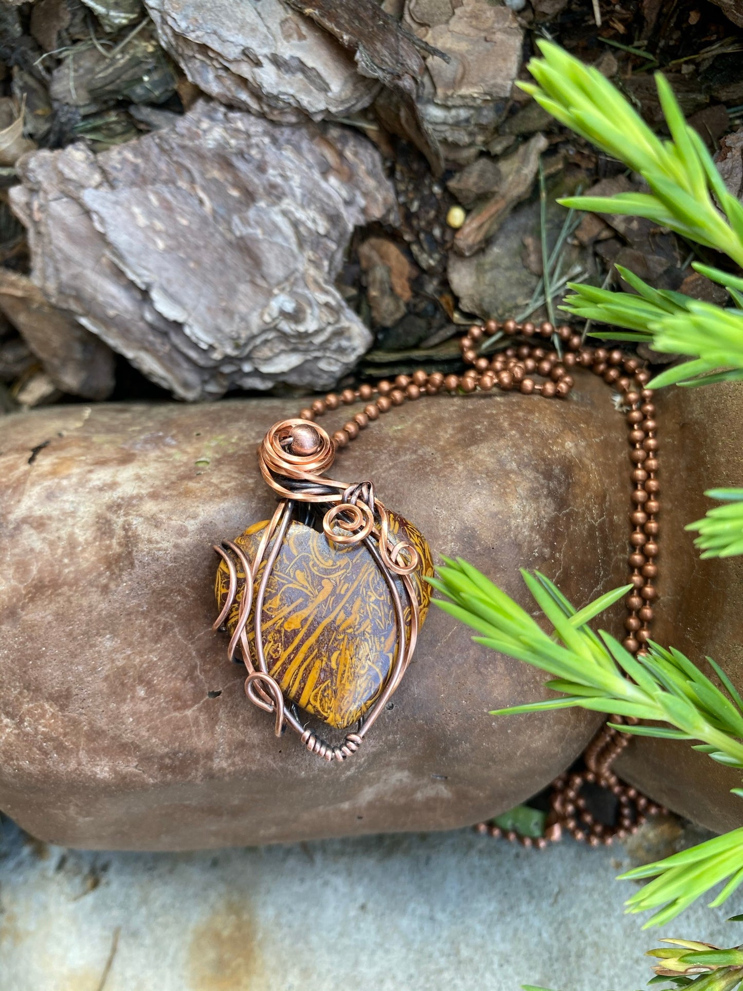 Natural Mariam Jasper Heart-Shaped Pendant Wire Wrapped in Copper
