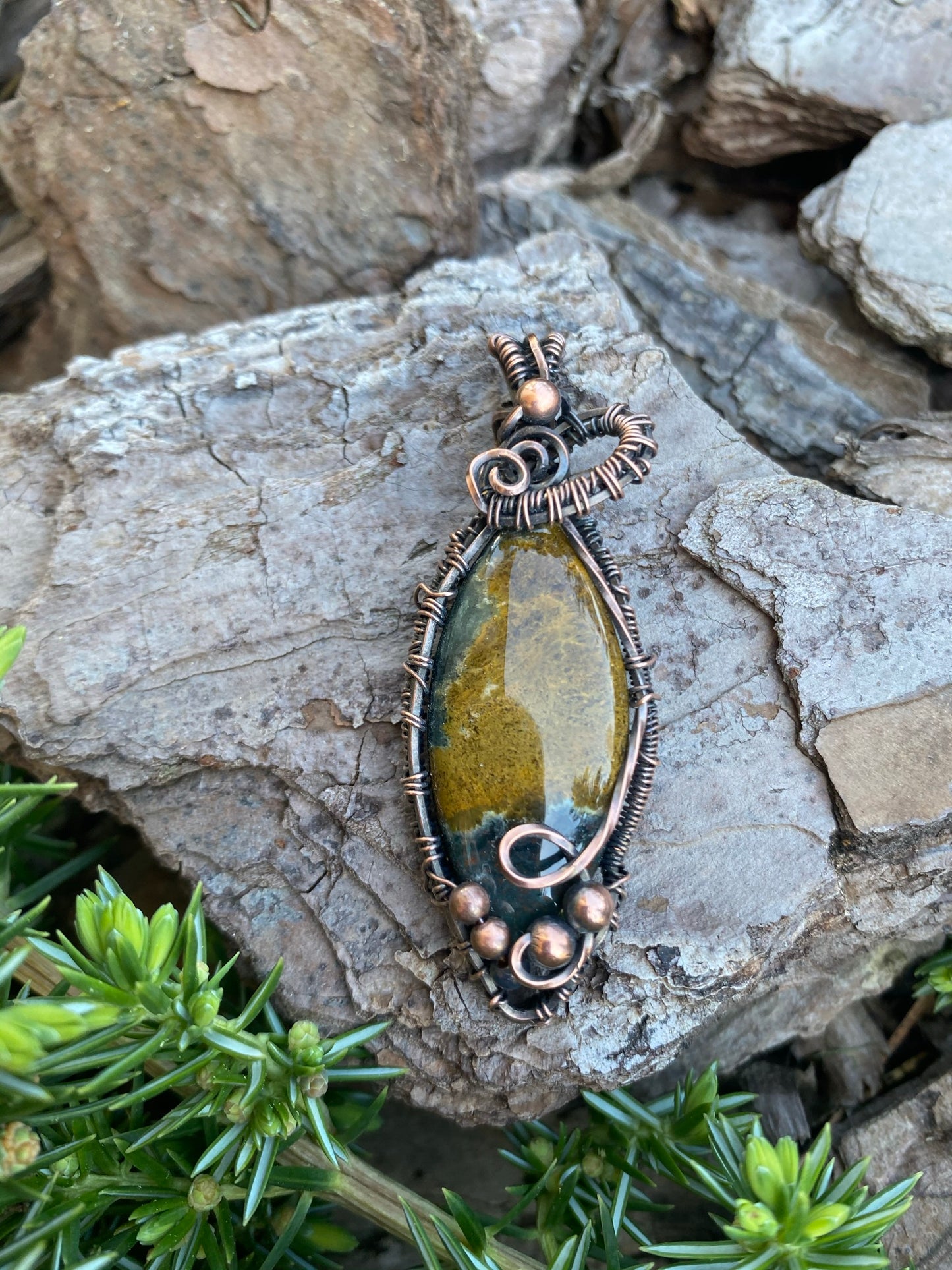 Natural Ocean Jasper Marquise Wire Wrapped Pendant