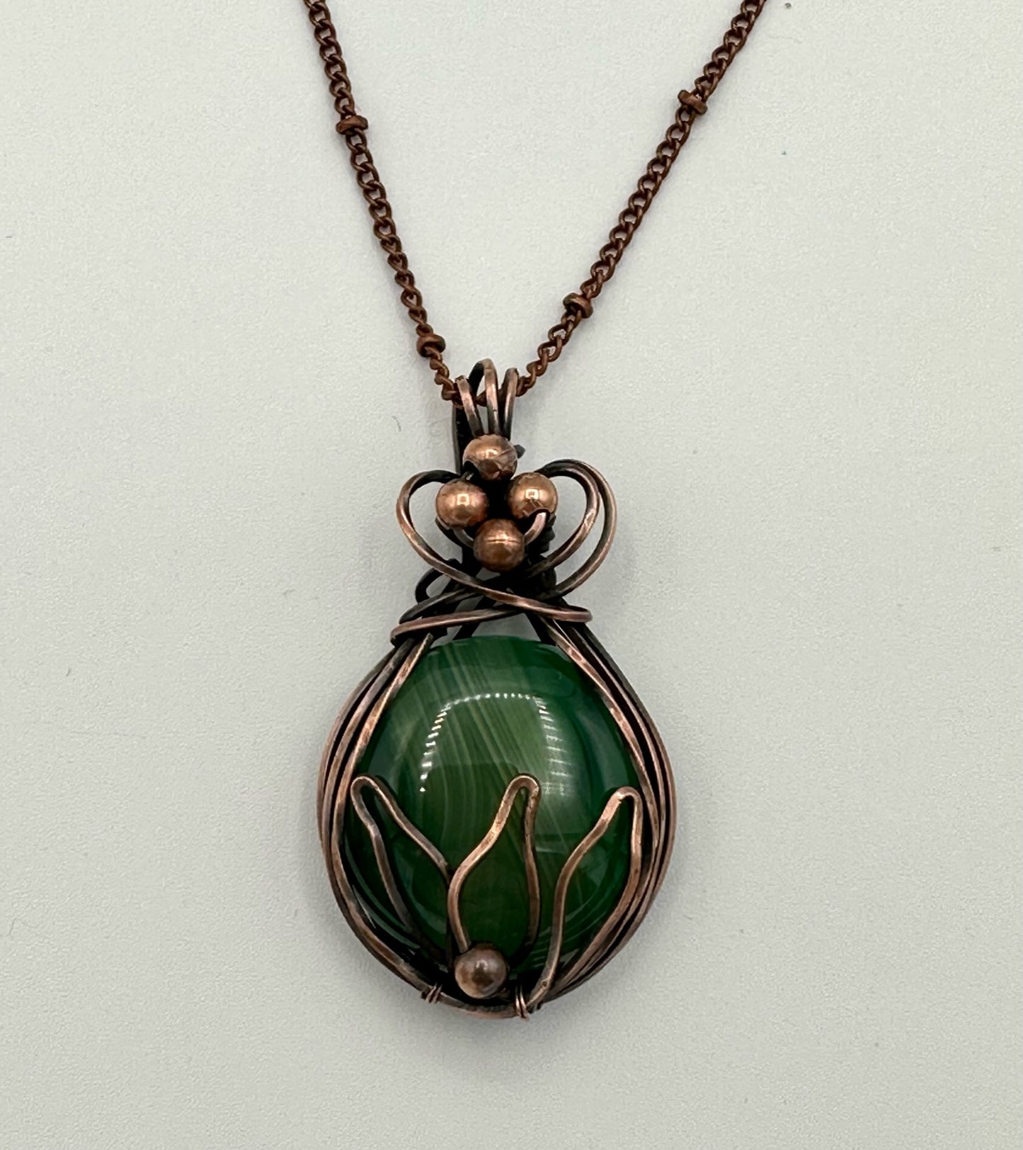Round Green Veins Agate With Lotus Design And Copper Beads Wire Wrapped Pendant