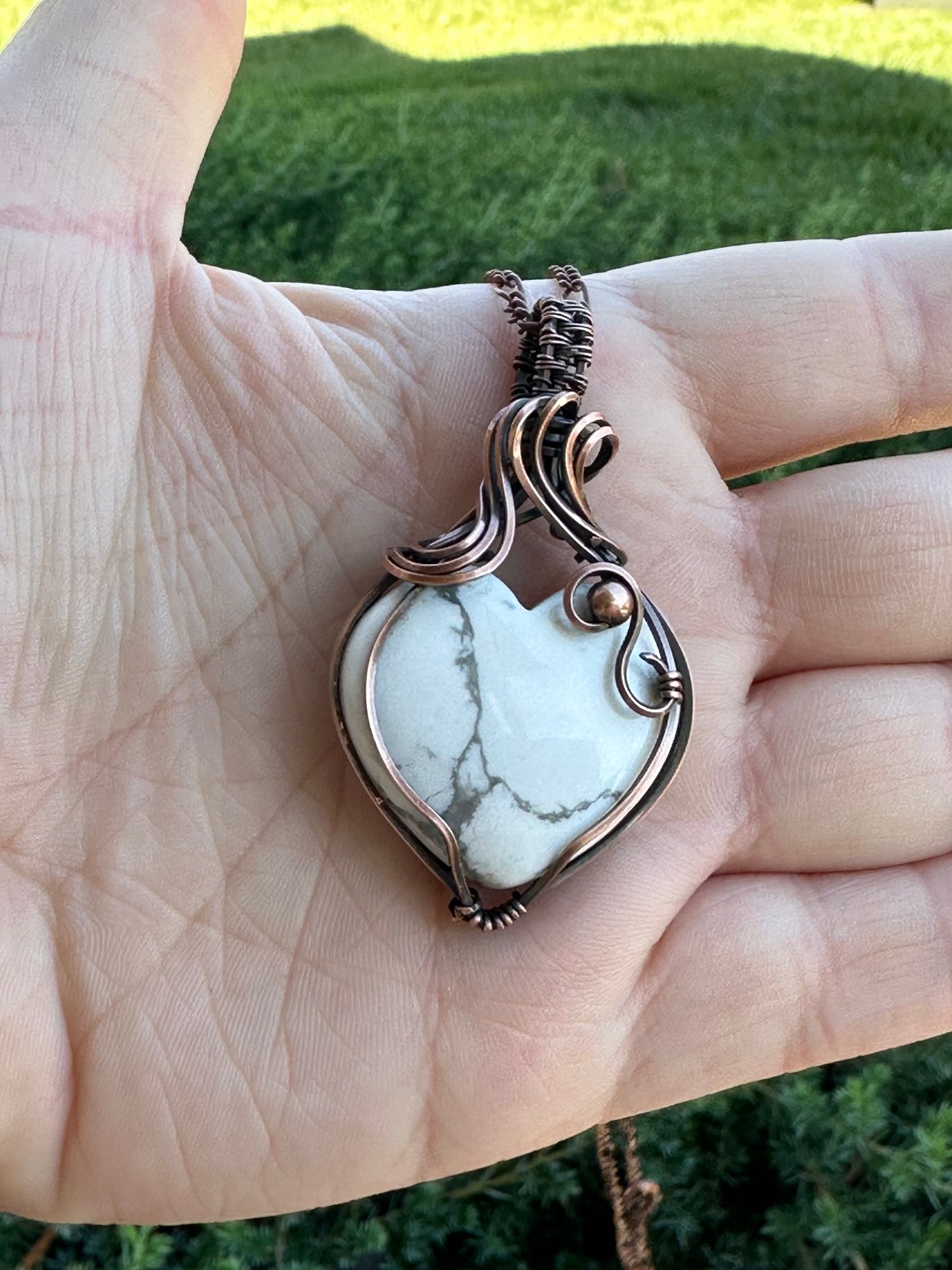 Howlite Heart Stone Wire Wrapped Pendant | Copper Wire Wrapped Pendant