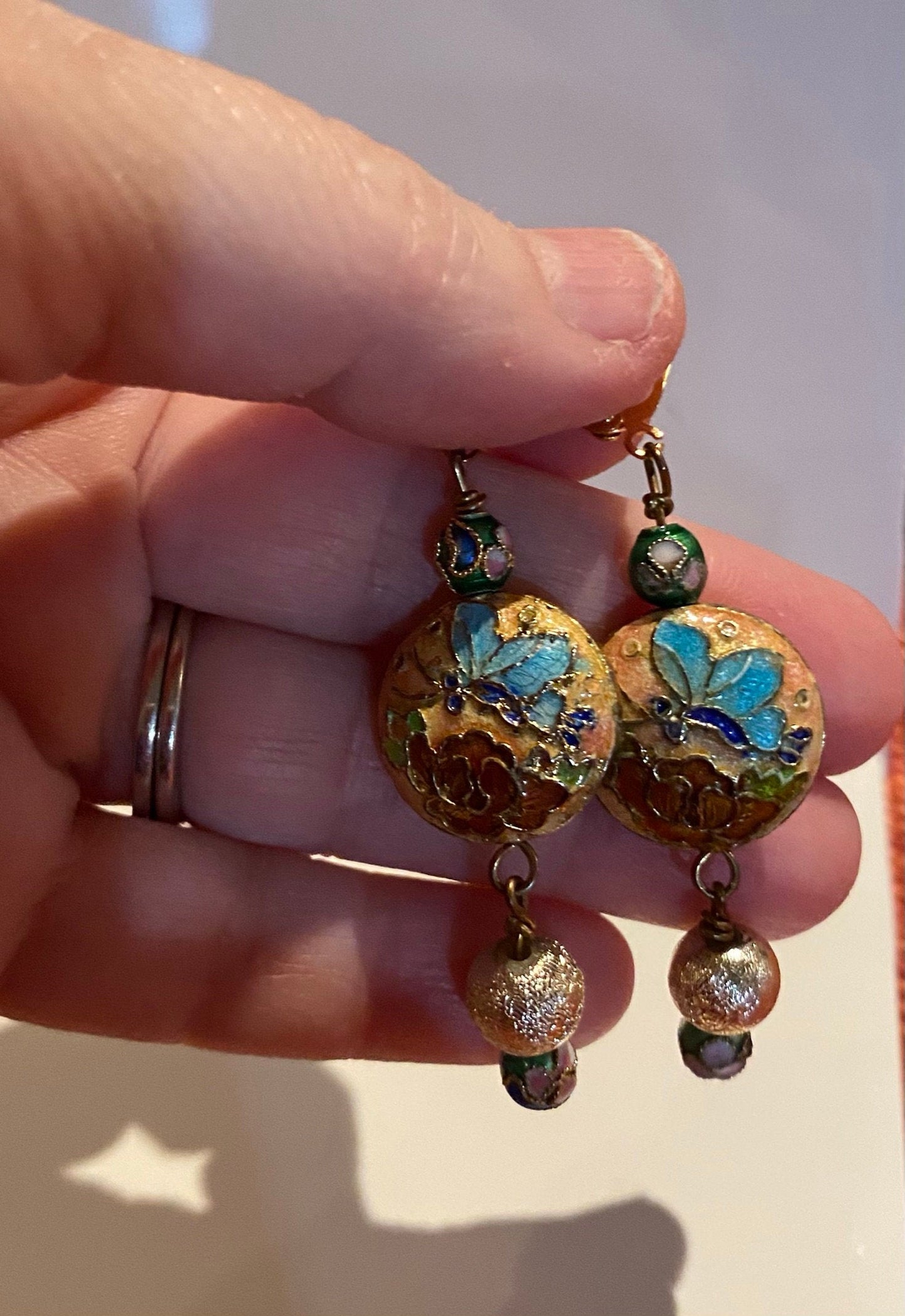 Cloisonne Dangle Earrings With Gold Lever Hooks